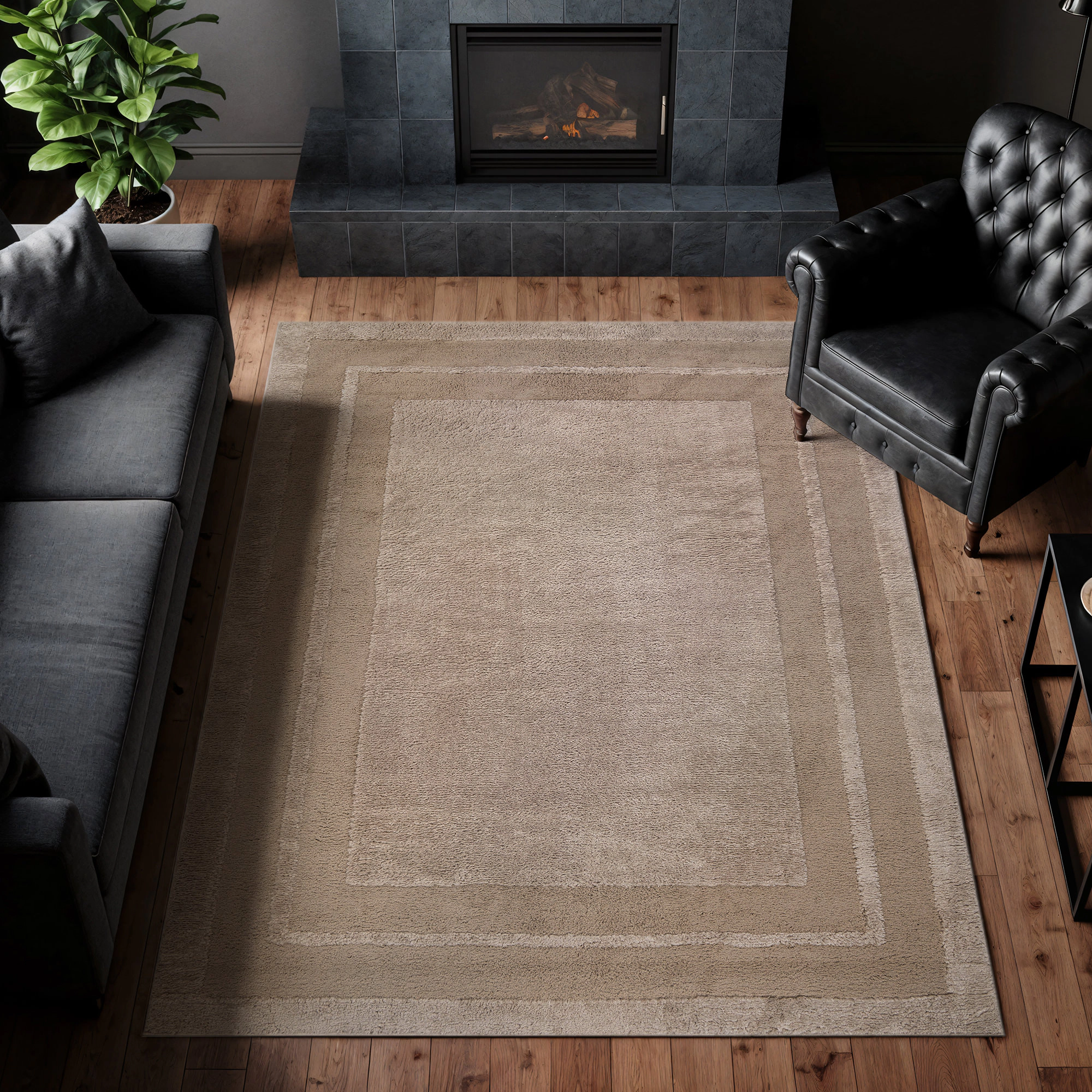 World Rug Gallery Solid Framed Border Soft Shag High-Low Indoor Area