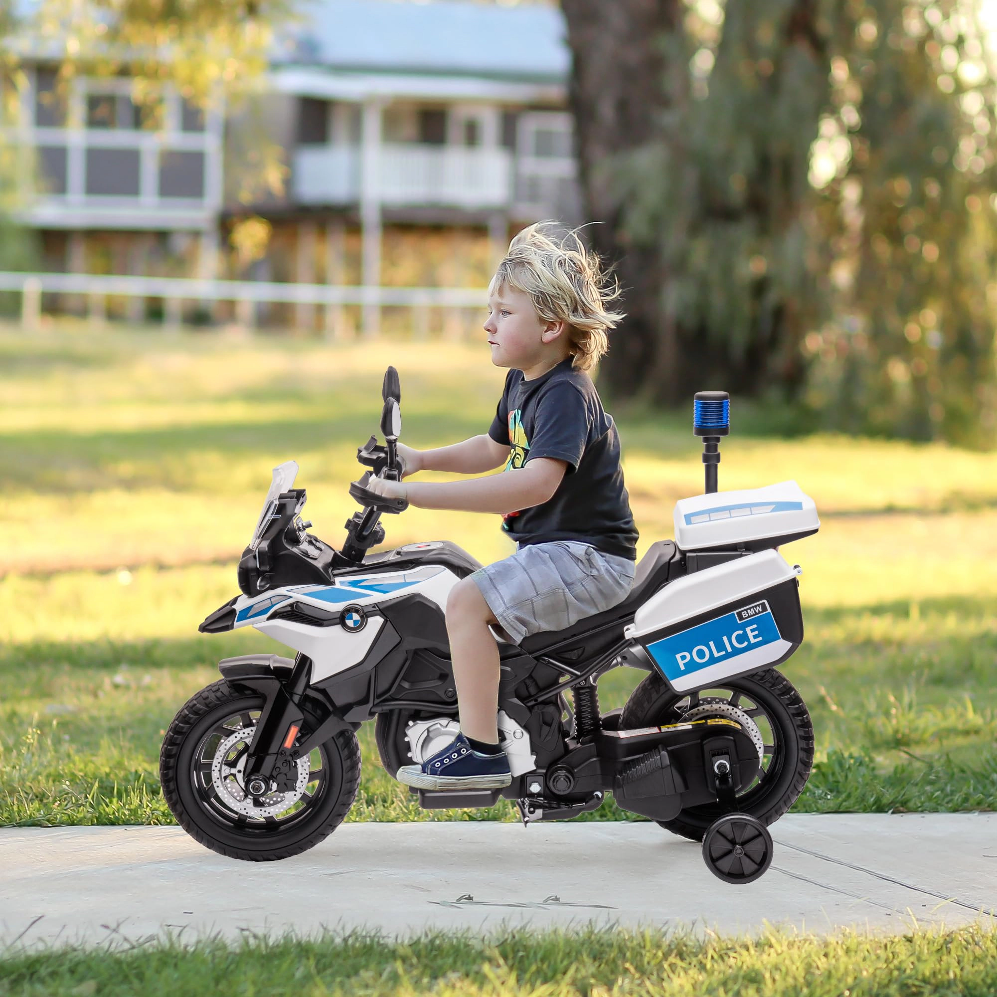 12V Licensed BMW Police Motorcycle for Kids, Ride On Bike w/High-Low Speed, LED Lights, 2 Storage Boxes & Suspension