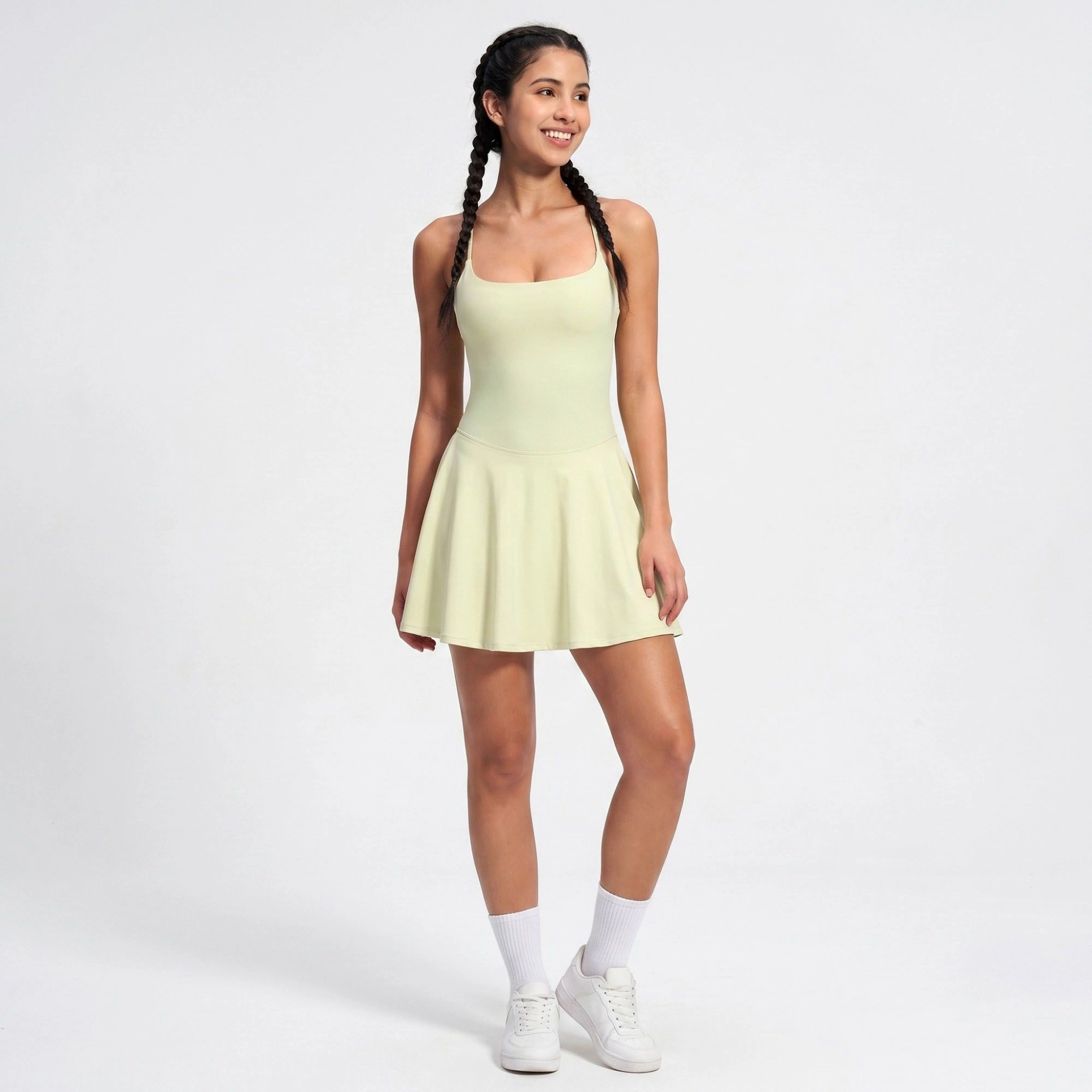 Anna-Kaci Women's Cami Strap Active Dress - Scoop Neck, Flared Skirt, Sleeveless Workout and Yoga