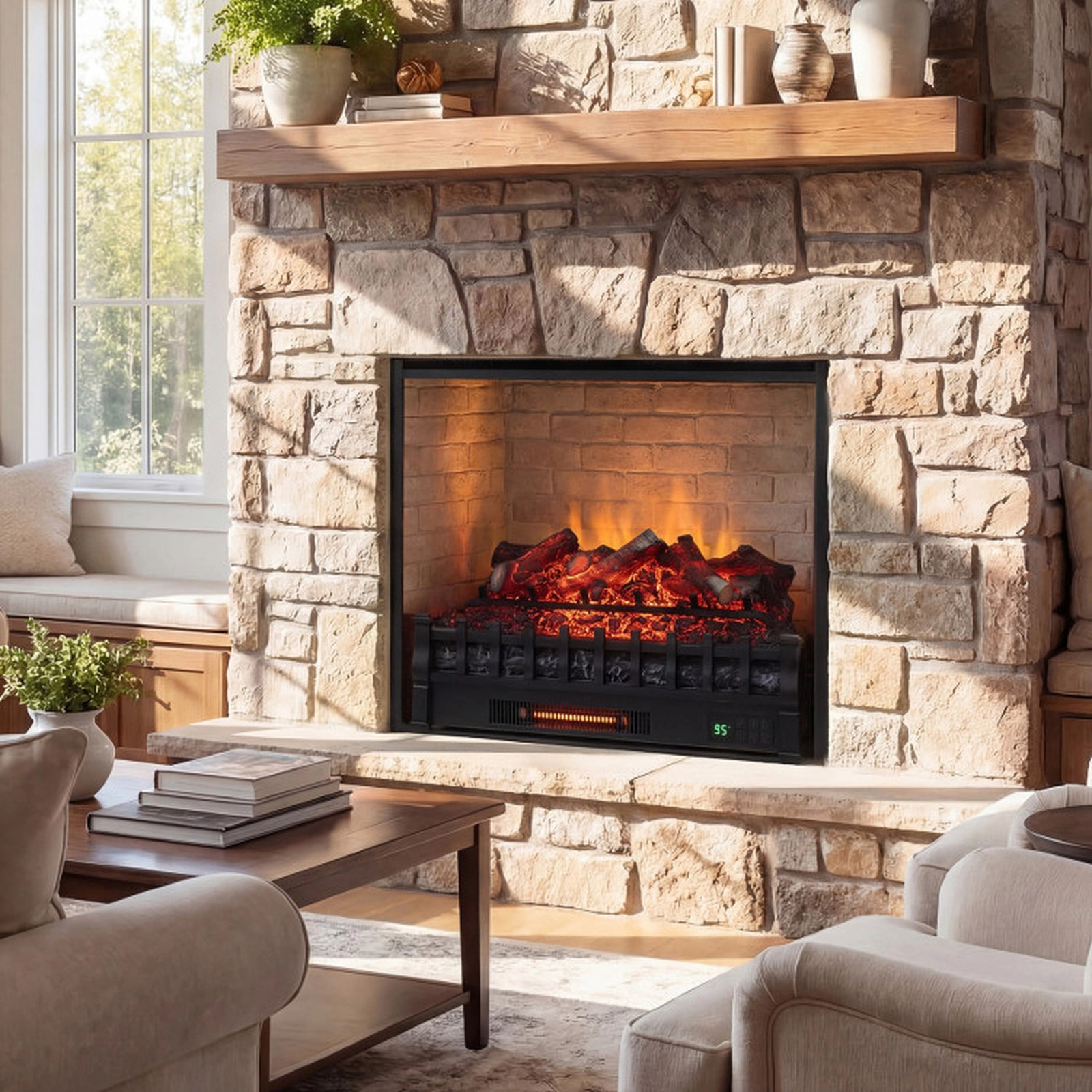 SUGIFT 26-in Infrared Quartz Resin Lemonwood Logs Electric Fireplace Log Heater 26-in x 8.9-in x 14-in 1500W Black