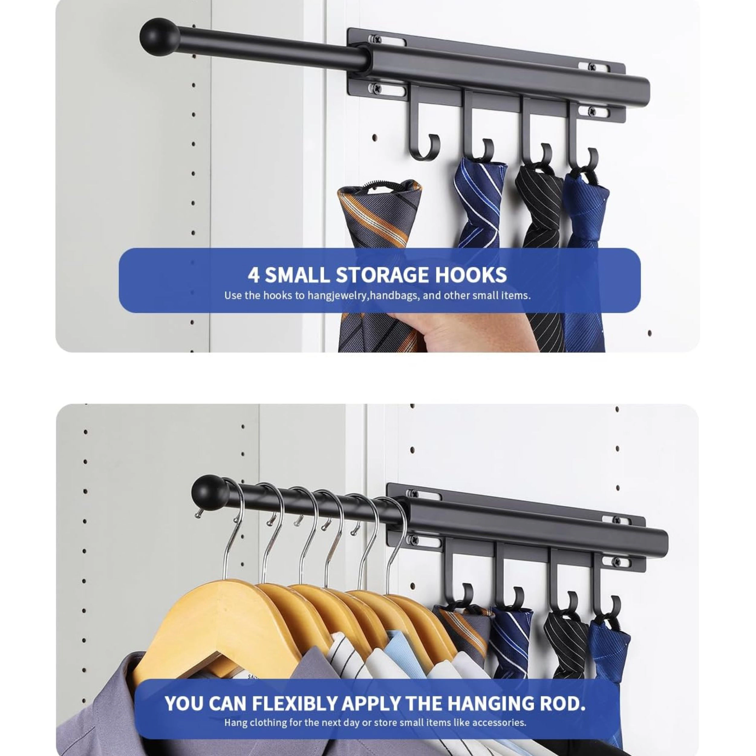Stock Preferred Pull Out Closet Valet Rod with 4 Hooks Space Saving Organizer 12 Inch