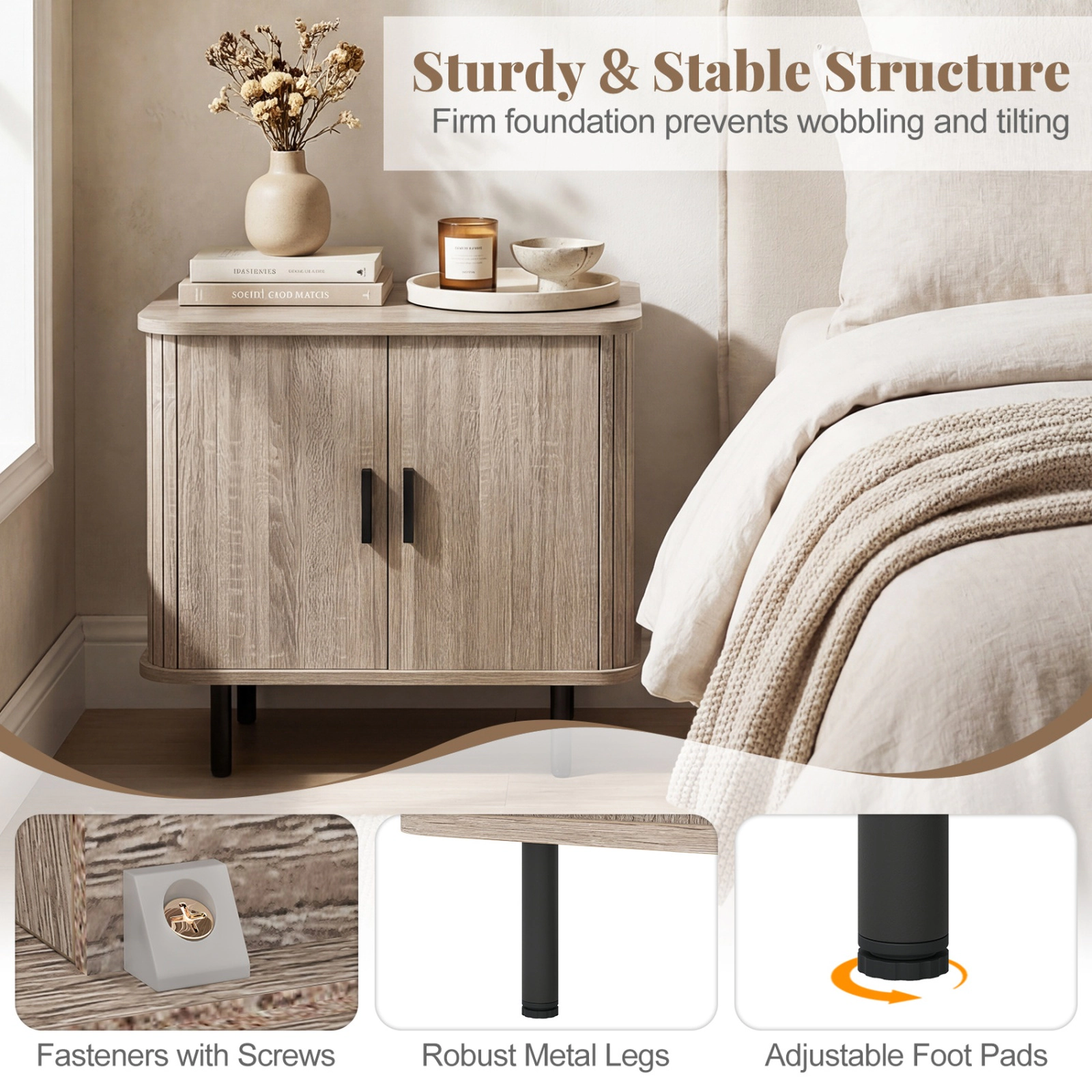SUGIFT Modern Mid Century Nightstand End Table with Sliding Tambour Doors and Storage Shelf 88-lb Tabletop Capacity