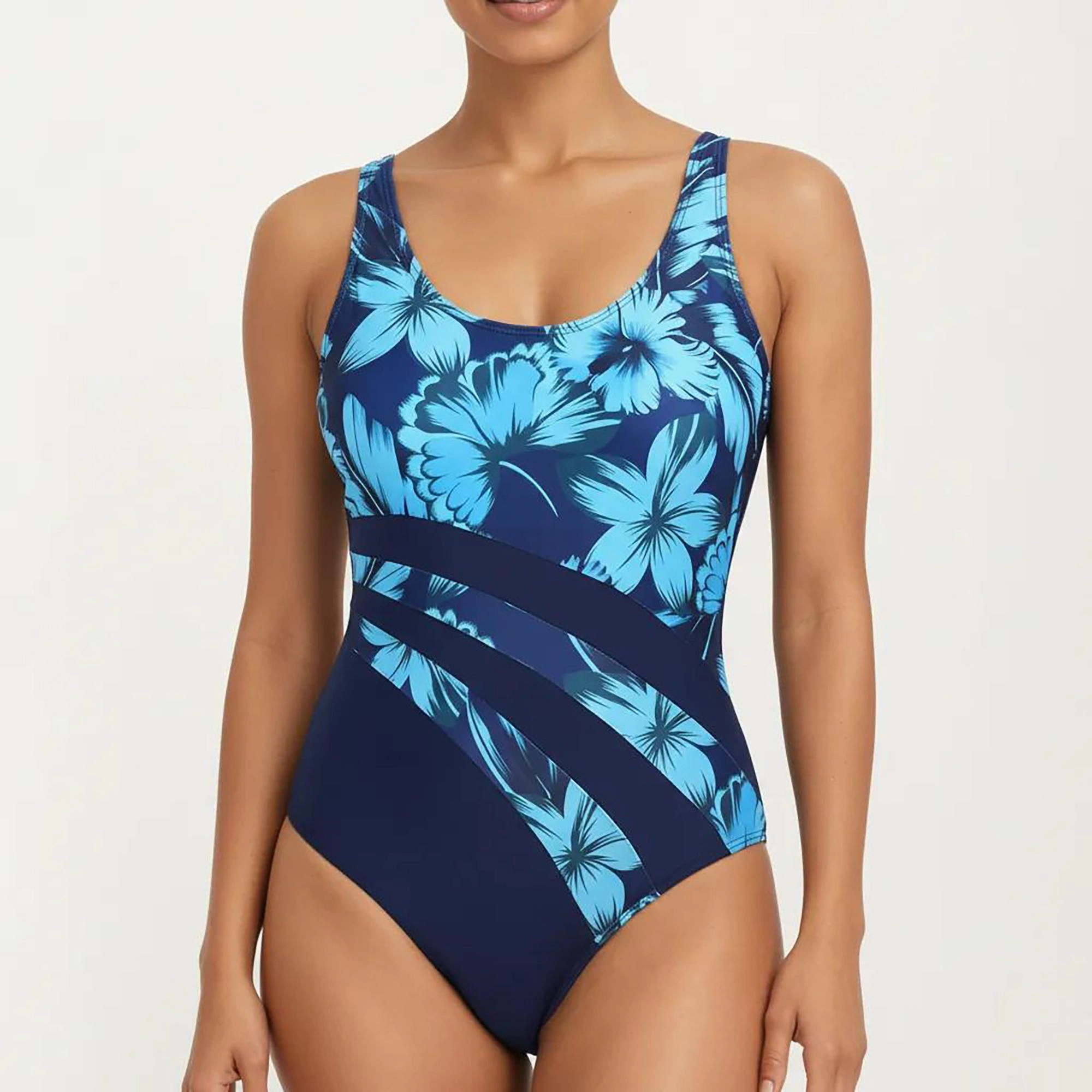 Anna-Kaci Women's Floral Print One-Piece Swimsuit with Asymmetrical Colorblock Panel
