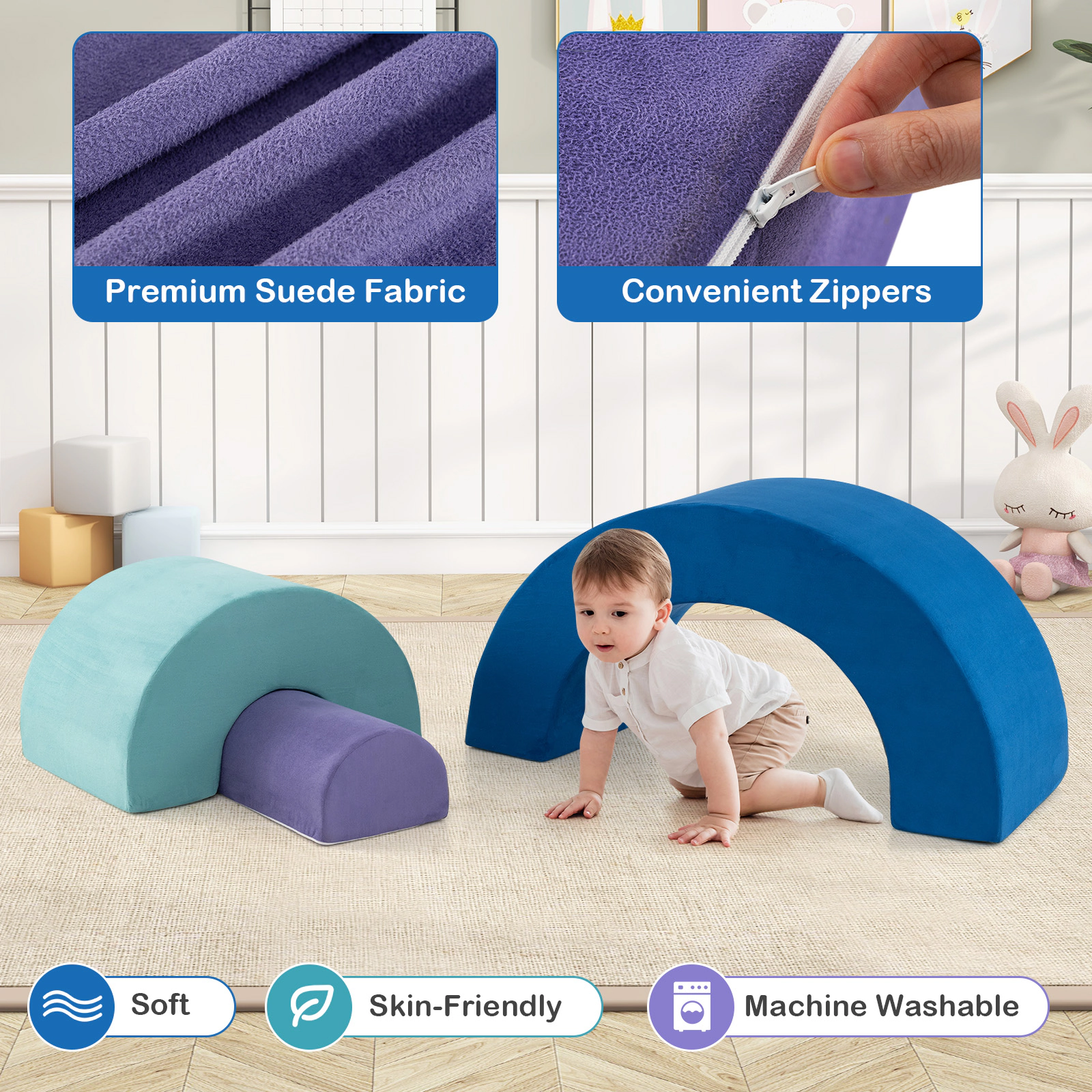 Rainbow Arc Foam Climber Playset 3-Piece Soft Climbing Blocks with Machine-Washable Suede Covers Ages 3+ Multicolor