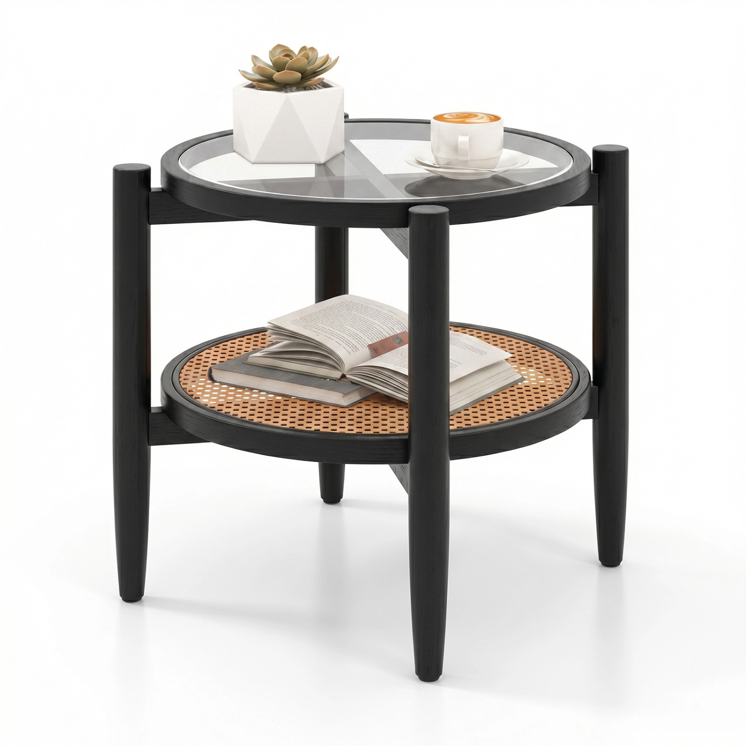 Glintex Round Rattan Side Table with Tempered Glass Top and Acacia Wood Legs