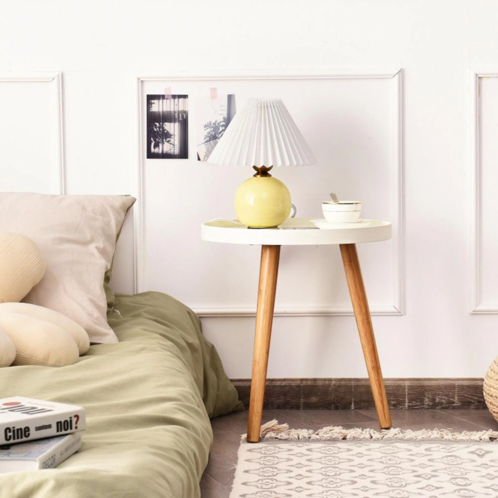 Hivvago Mid-Century Round Coffee Side Table with Detachable Wooden Tray