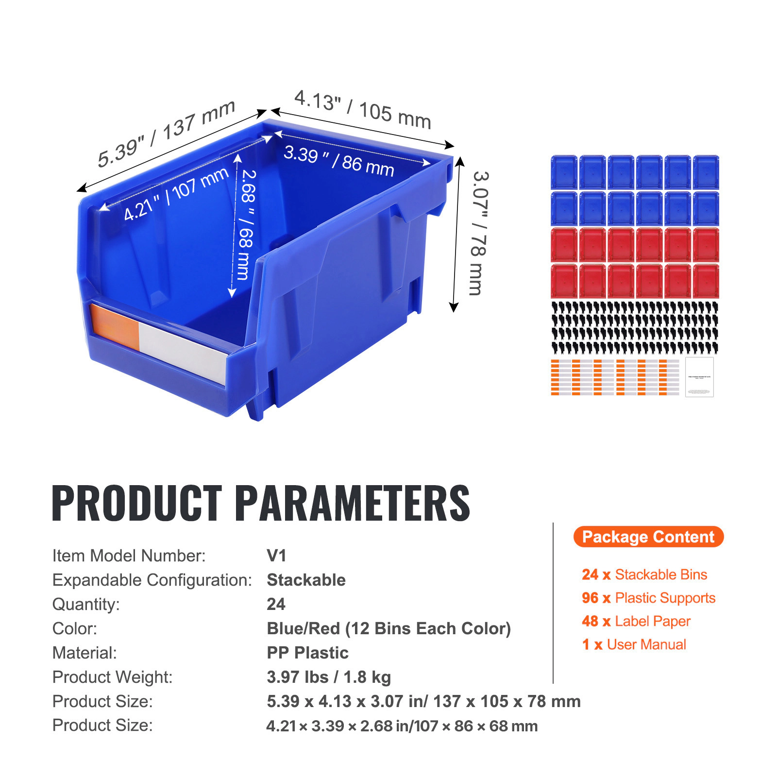 HONGGE Plastic Storage Bin 5-Inch Hanging Stackable Storage Organizer Bin Blue/Red Heavy Duty Stacking Containers for