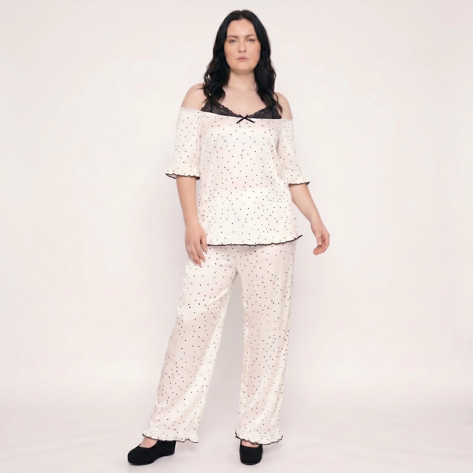 Anna-Kaci Women's Plus 2-Piece Polka Dot Off Shoulder Pajama Top and Wide Leg Pants Sleepwear Lounge Set