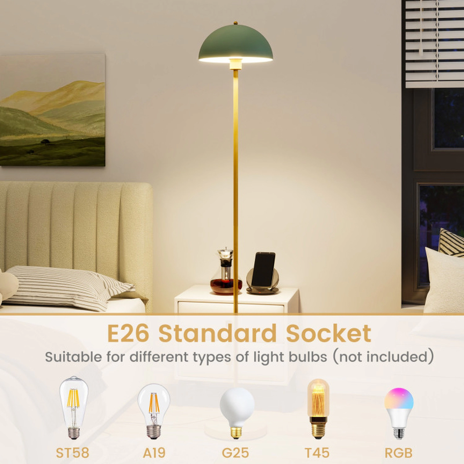 SUGIFT 64-in Gold and Green Metal Standing Floor Lamp with Anti-Tipping Base E26 Socket and Foot Switch