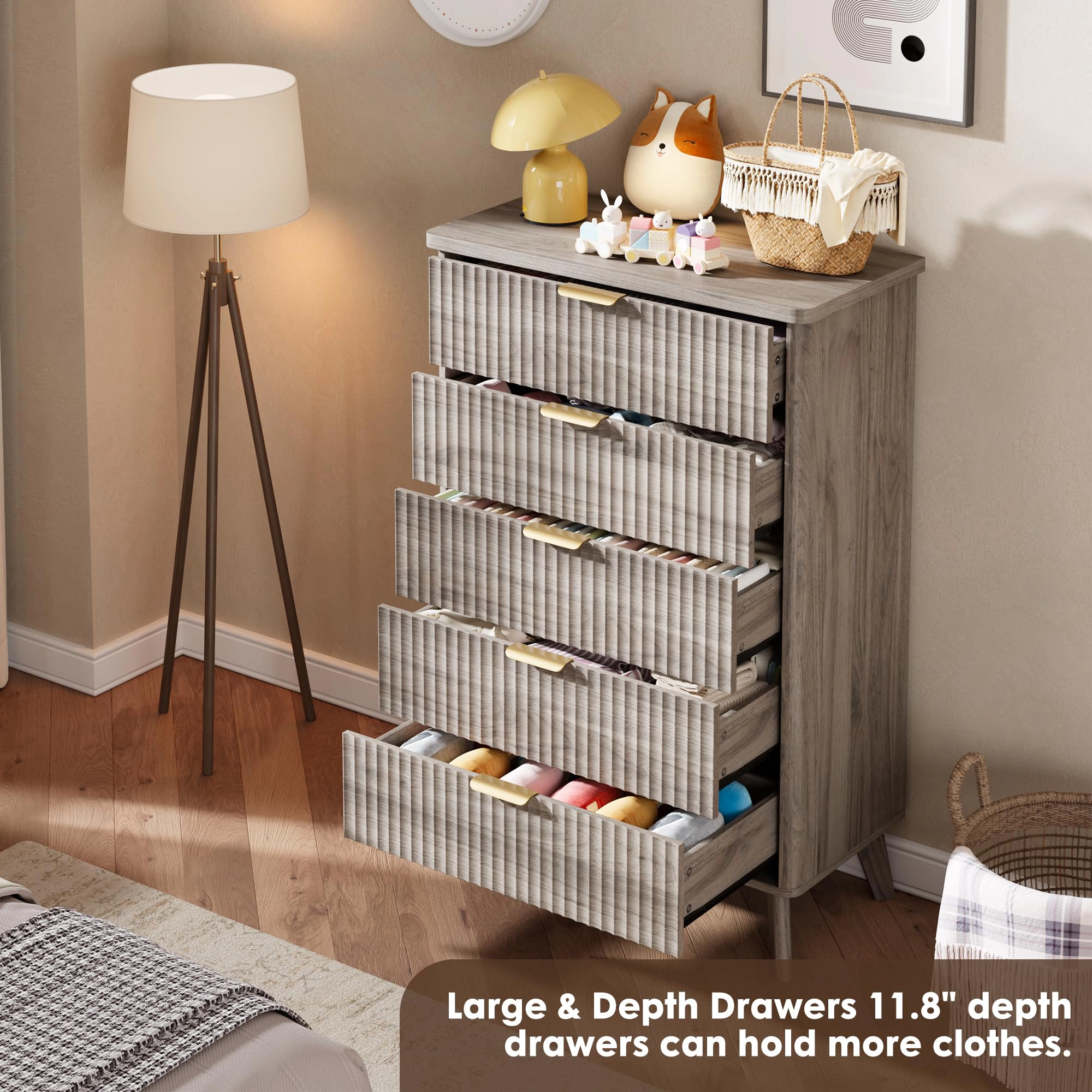 Fluted 5 Drawer Dresser, Curved Profile Design 47.2" Tall Wooden Chest for Bedroom Living Room Hallway