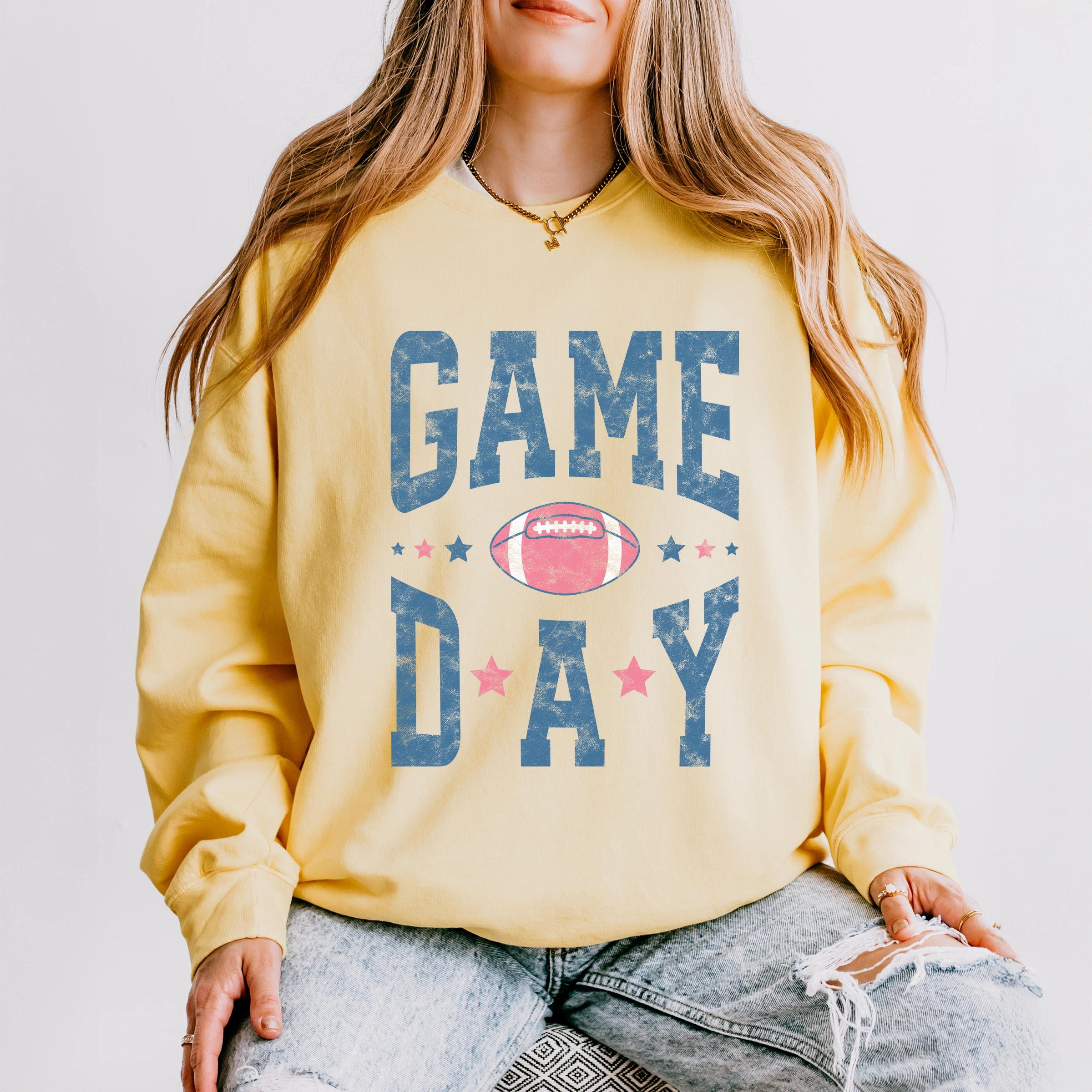 Simply Sage Market - Women's Lightweight Garment Dyed Sweatshirt Game Day Blue Distressed
