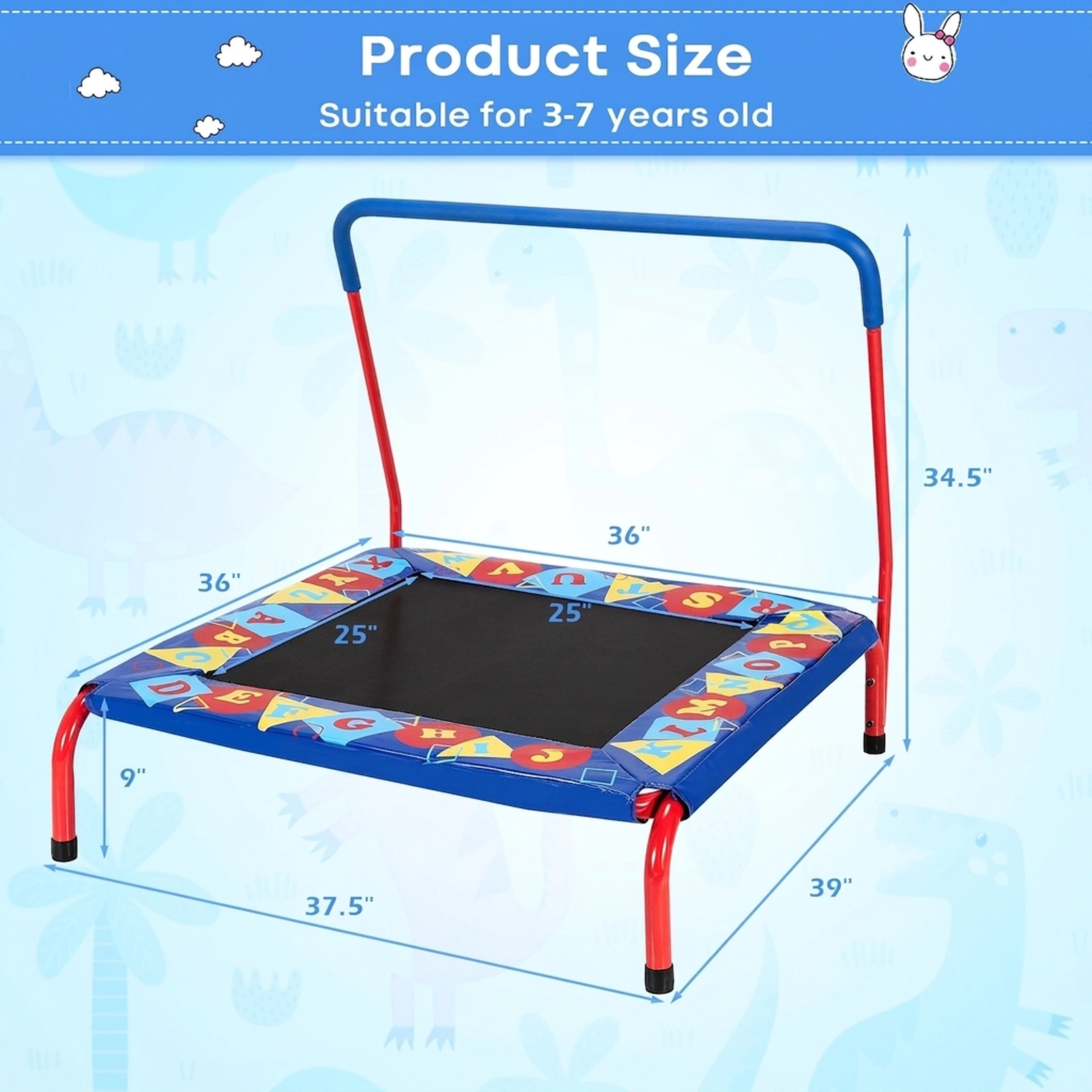 36-in Square Trampoline for Kids Foam Handrail 330-lb Capacity 24-Letter Alphabet Mat Safety Cover Blue