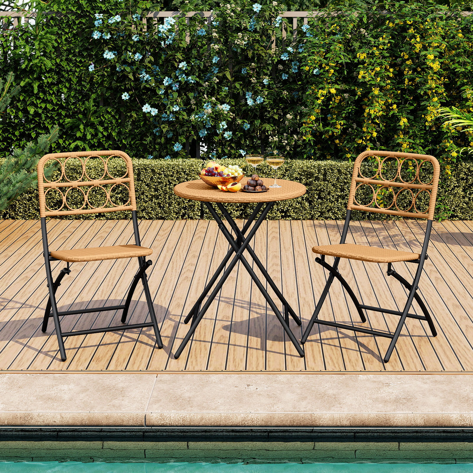 SUGIFT 3-Piece Light Brown Folding Wicker Bistro Set with 24-Inch Round Table