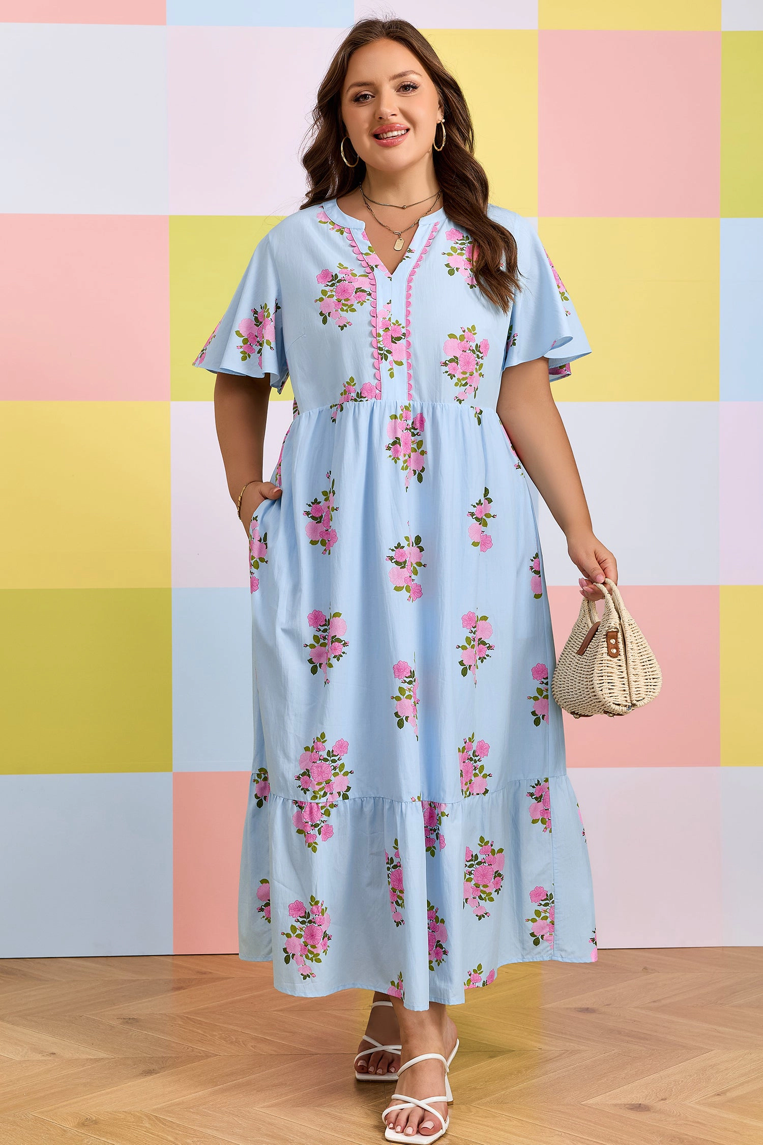 Threaded Pear Women's Lucy Print Scalloped Trim PLUS Dress
