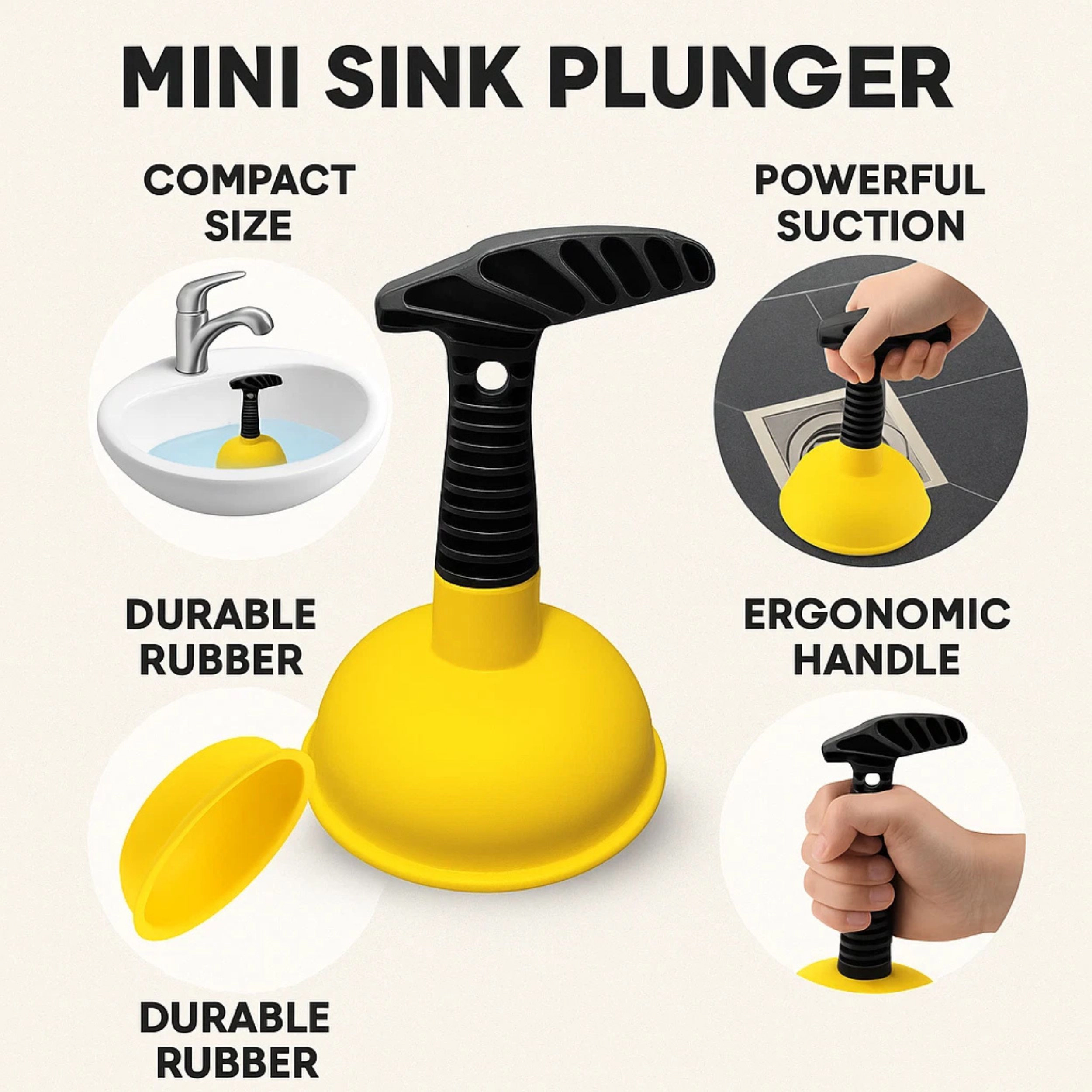 Home Collection Mini Sink & Drain Plunger for Kitchen & Bathroom