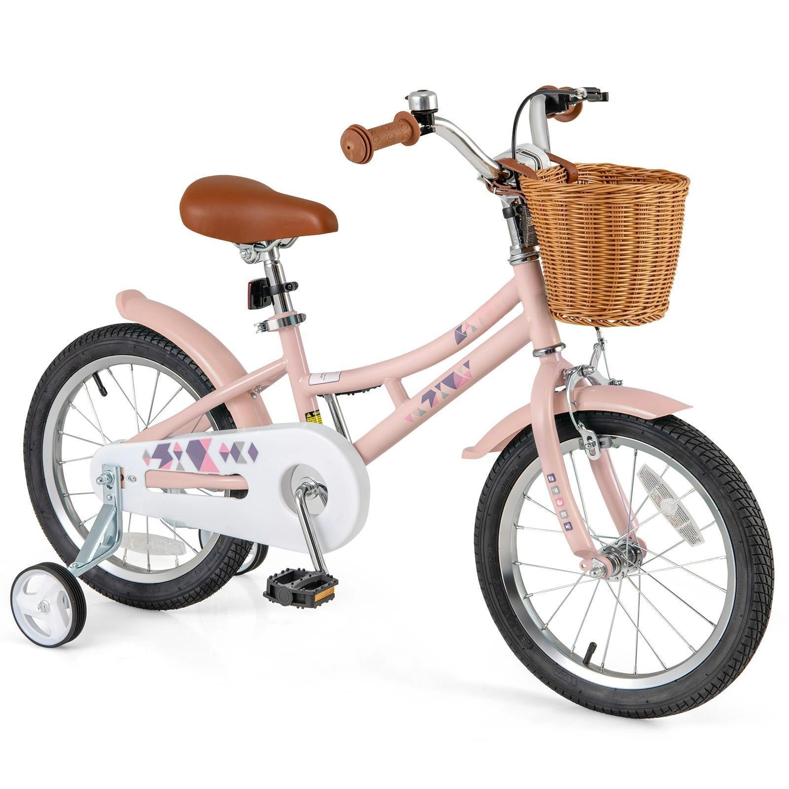 SUGIFT 16-Inch Pink Kids Bike with Basket, Fenders, Training Wheels and Dual Brakes