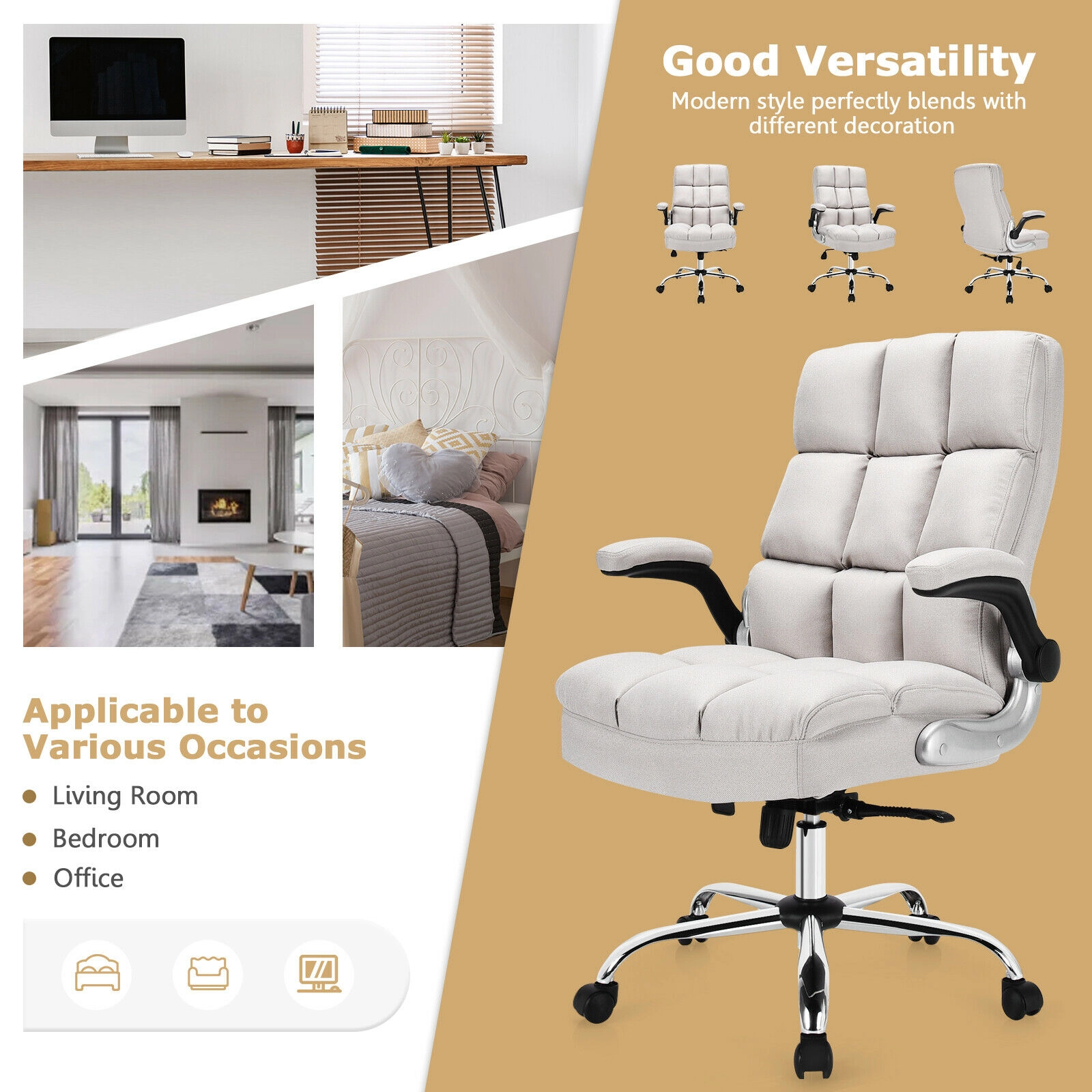 SUGIFT Big and Tall 400-lb Capacity High Back Swivel Desk Chair with Flip-Up Arms and Linen Upholstery