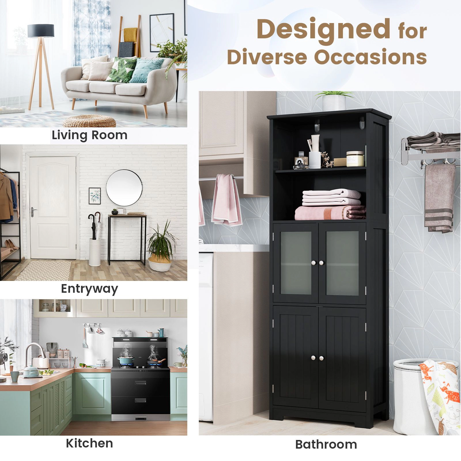 SlickBlue 64" Tall Bathroom Storage Cabinet with Glass Doors