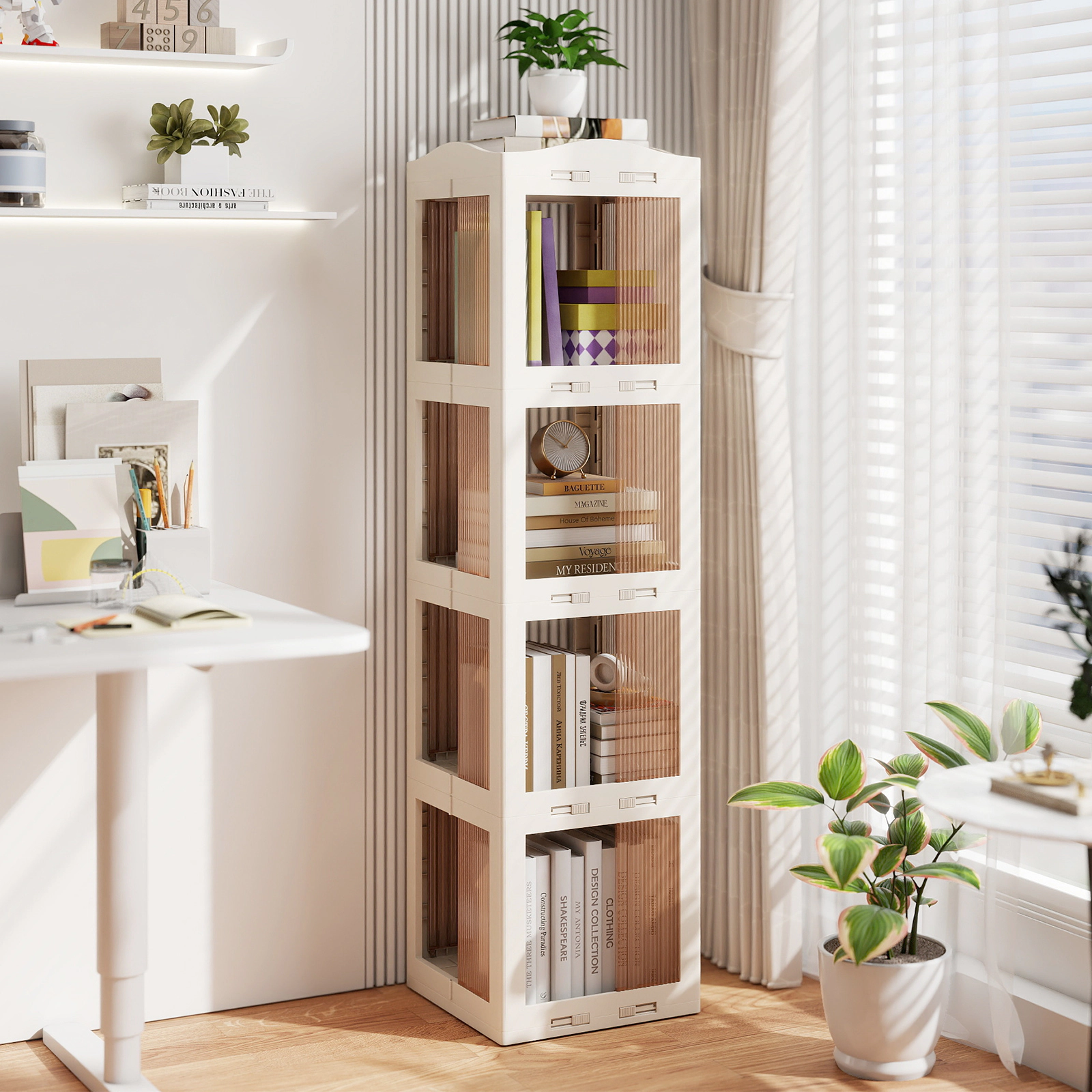 SUGIFT 4-Tier Foldable Rotating Bookshelf with Swivel Base and Translucent Panels 22-lb Per Shelf White
