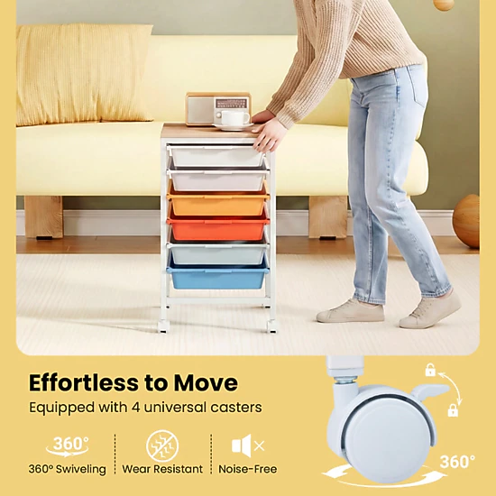 SUGIFT 6-Drawer Rolling File Storage Cart with Wooden Tabletop 35-lb Capacity 14.5-in Wide Natural + White/Macaron