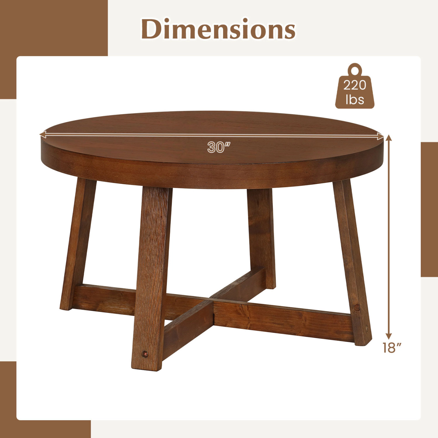LJG Round Coffee Table for Living Room 30 Inch Farmhouse Accent with Study Rubber Wood Legs