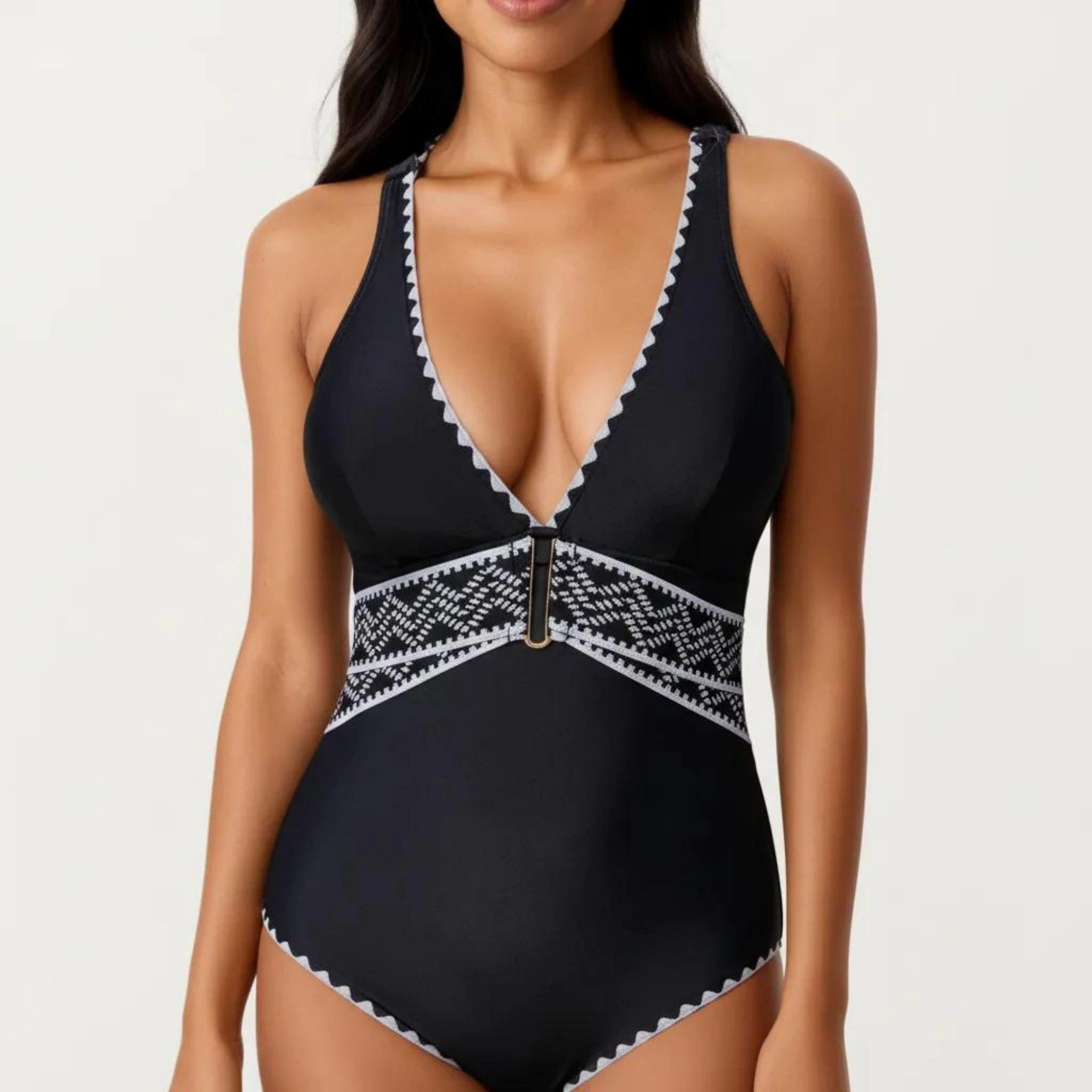 Anna-Kaci Women One Piece Swimsuit - Deep V Neck, Textured Waistband, Contrast Trim