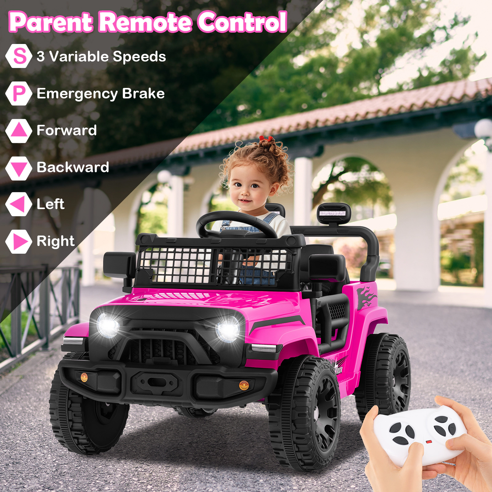 12V Kids Ride On Truck Parent Remote Emergency Brake Lockable Doors Foldable Rearview Mirrors Ages 3+ Pink