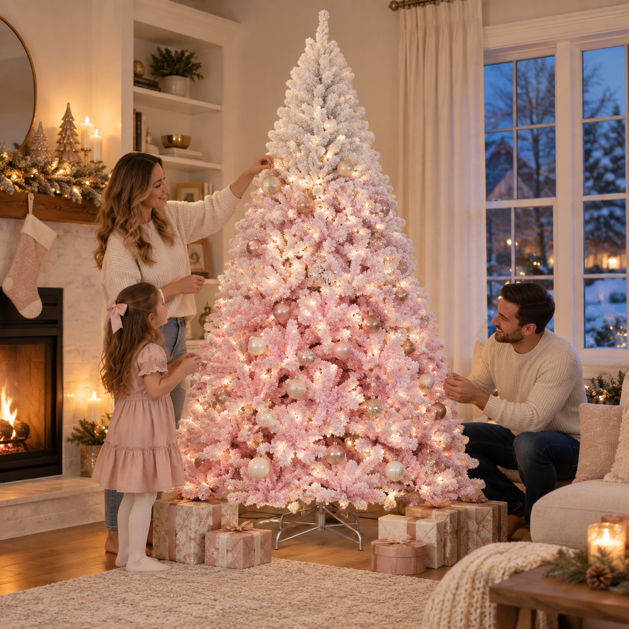 SUGIFT 8-ft Gradient Flocked Artificial Christmas Tree with 1774 Branch Tips and Folding Metal Stand White/Pink