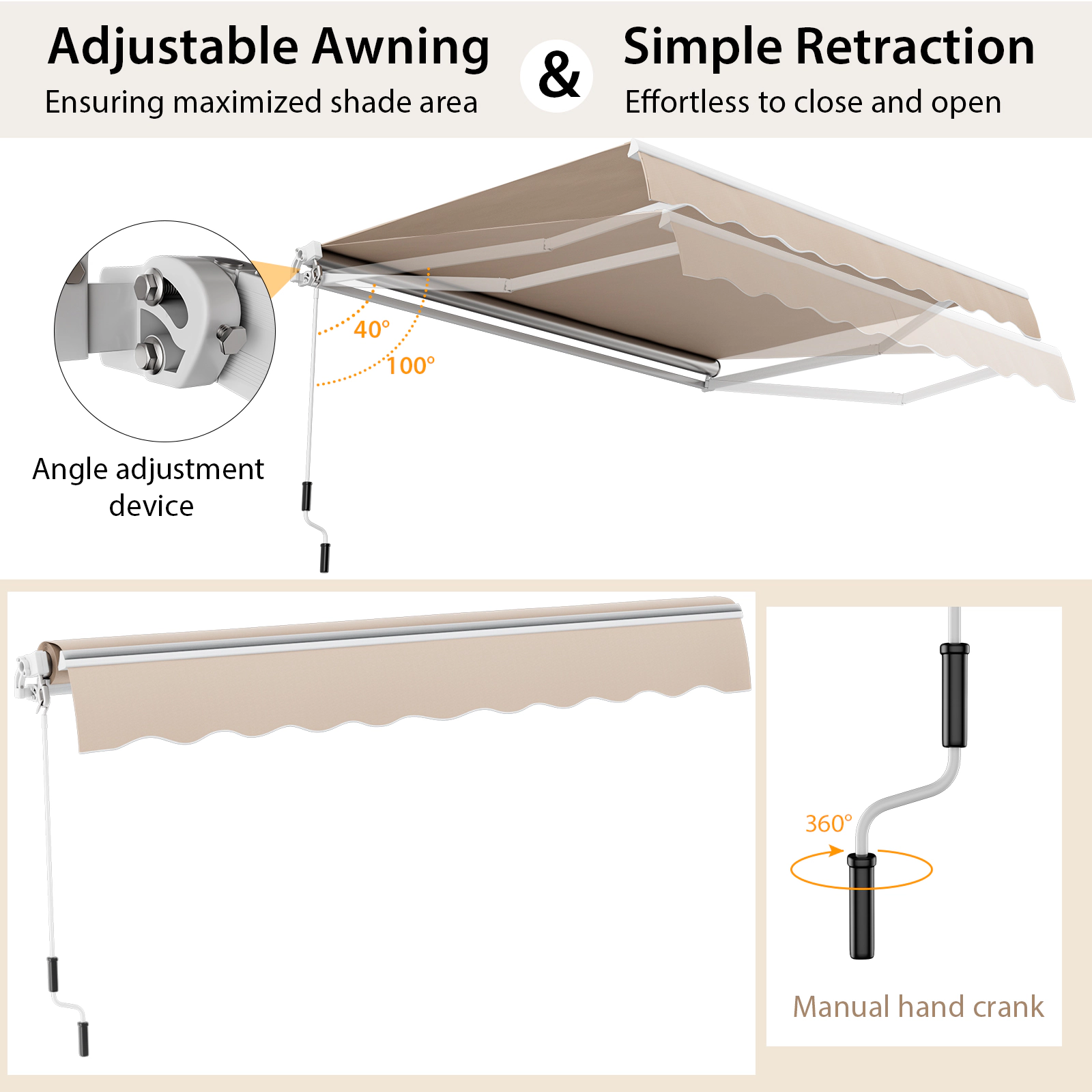 SUGIFT Beige 12-ft x 10-ft Manual Retractable Awning Outdoor Sun Shade Shelter with Crank Handle