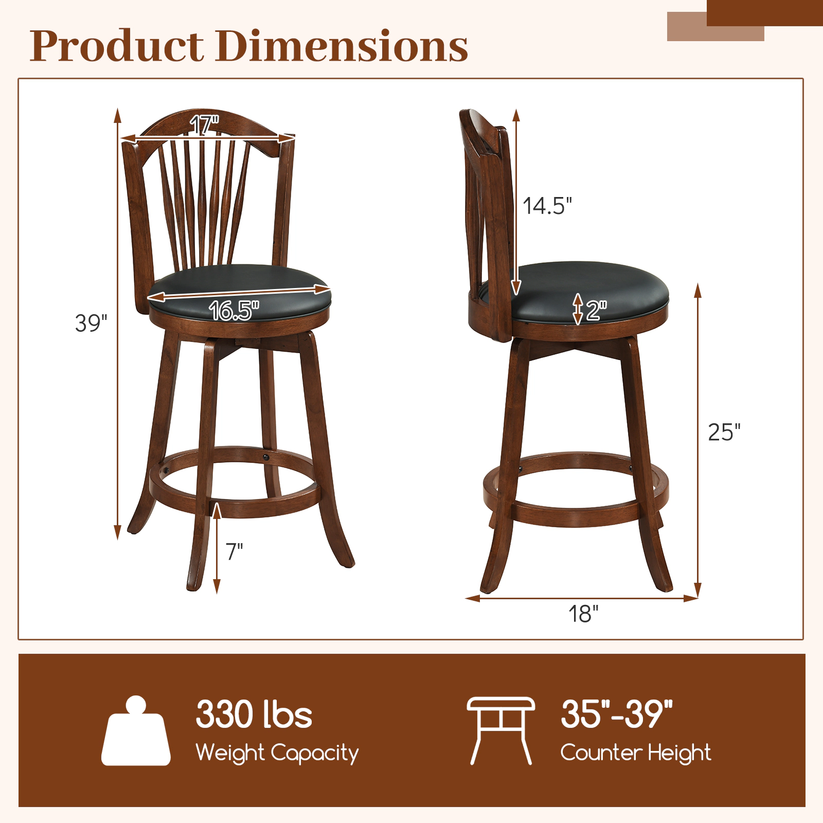SUGIFT 360° Swivel Bar Stools with Backrests 330-lb Capacity for 35-39-in Tables Expresso and Black