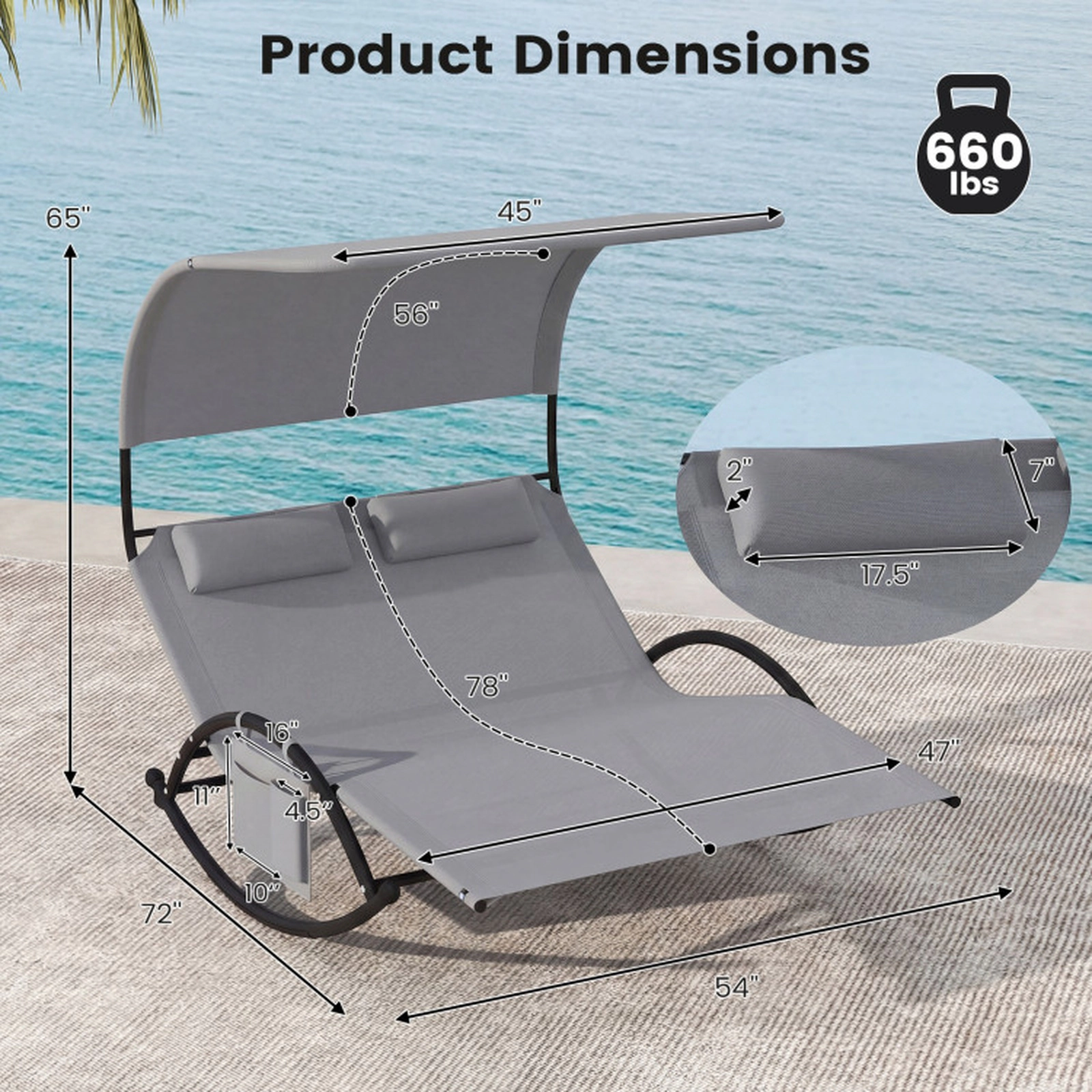 SUGIFT 2 Person Rocking Sunbed Gray Canopied Patio Lounger with Detachable Headrests