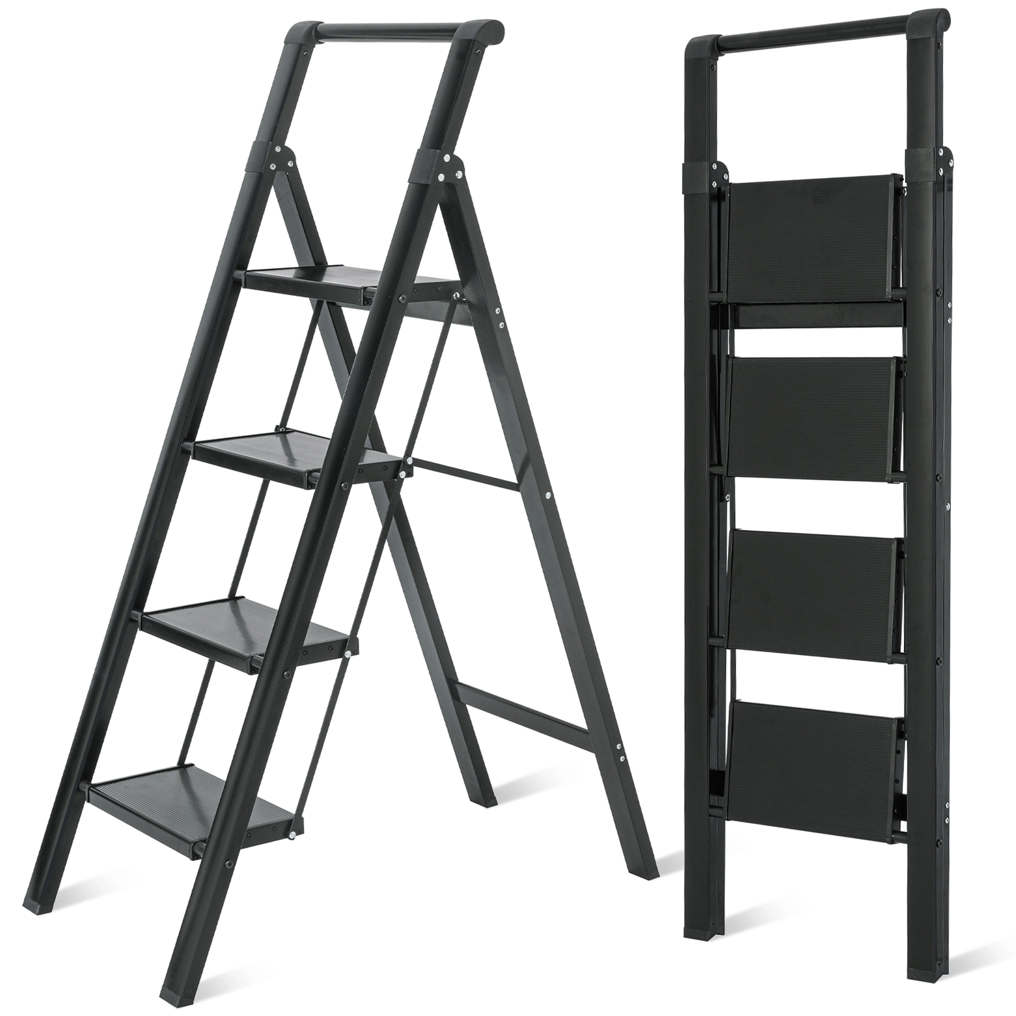 Flynama 4 Step Ladder- 330lb Capacity Steel Foldable Step Stool (Black)