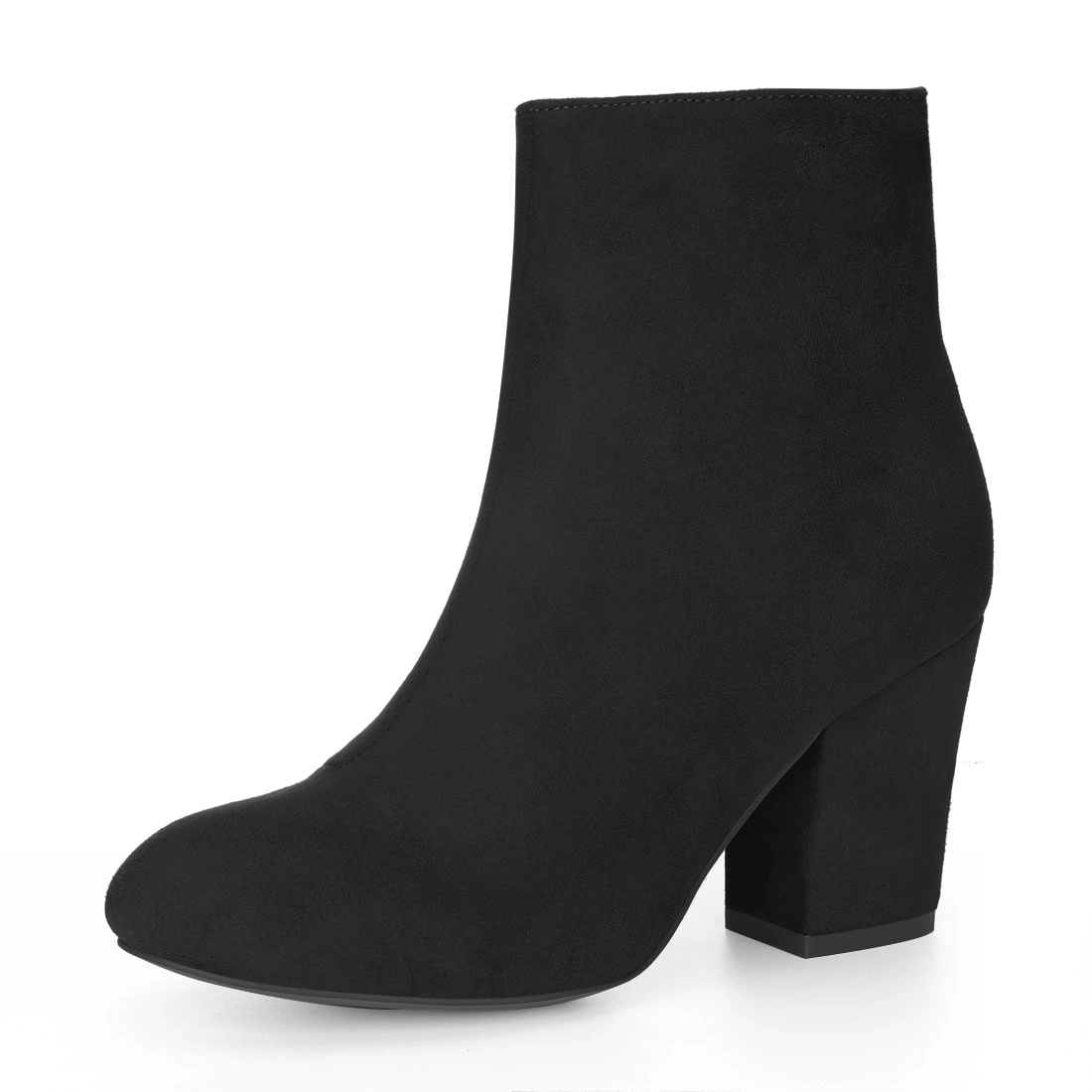 BLISSFUL STEP Women Faux Suede Round Toe Chunky Heel Side Zip Ankle Boots