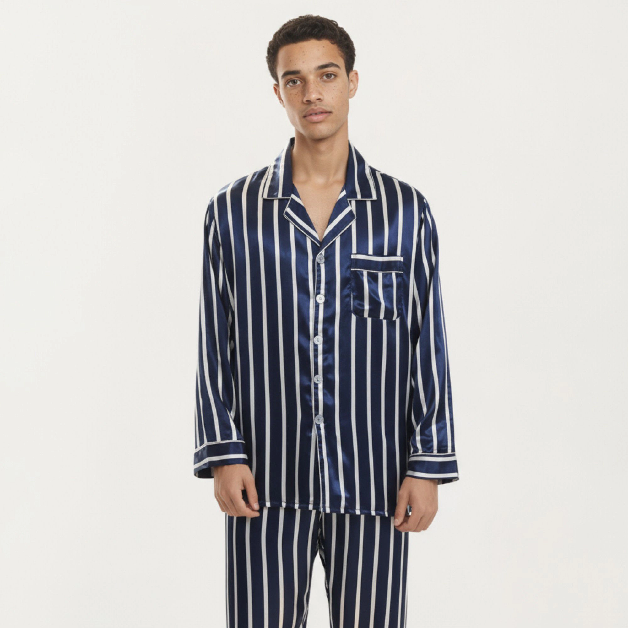 Anna-Kaci Men's 2-Piece Satin Pajamas with Vertical Stripe Pattern and Button Up Top