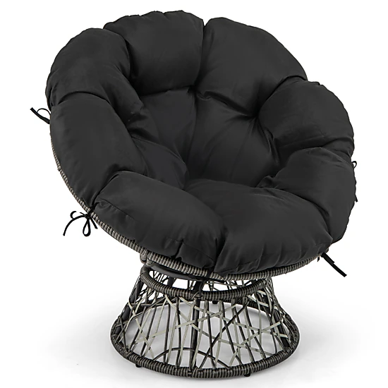 SUGIFT Black PE Rattan Papasan Swivel Chair with Removable Cushion