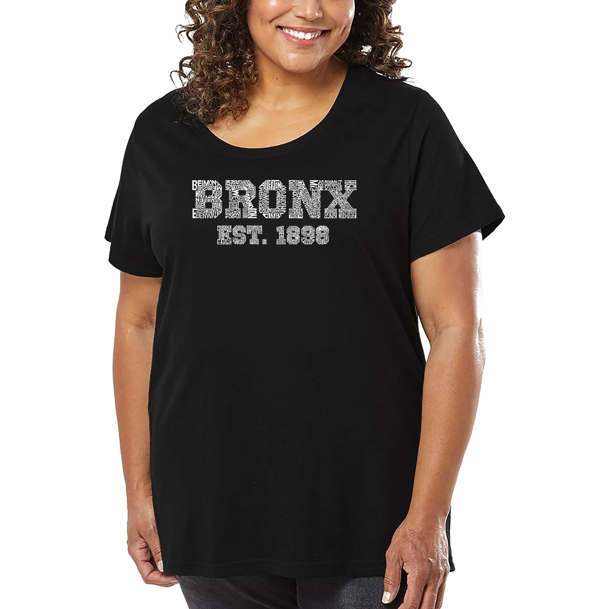 LA Pop Art Women's Plus Word T-Shirt - POPULAR NEIGHBORHOODS BRONX, NY