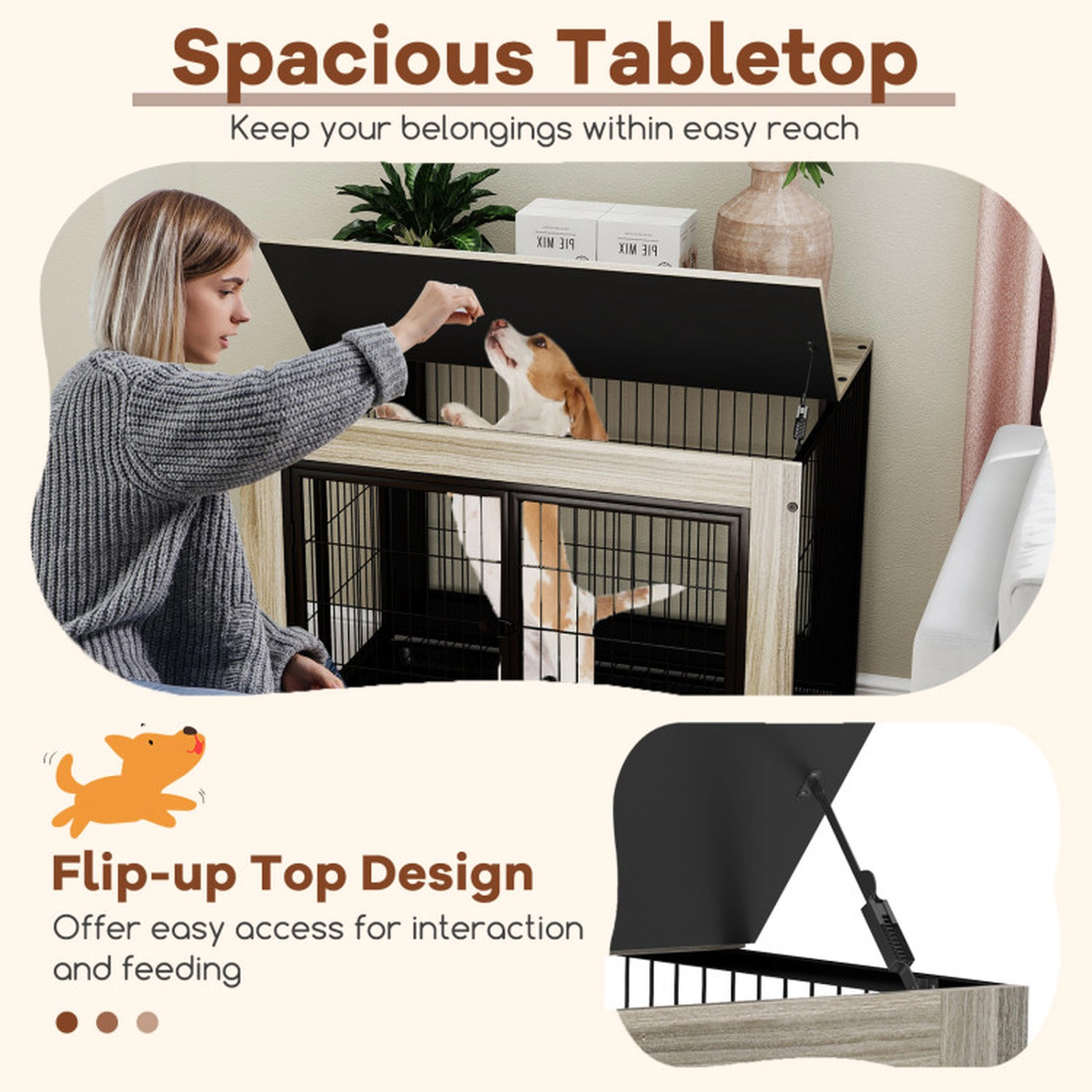 SUGIFT Gray 66-lb Tabletop Capacity Industrial Dog Kennel with Flip-up Top 3 Doors and Removable Tray