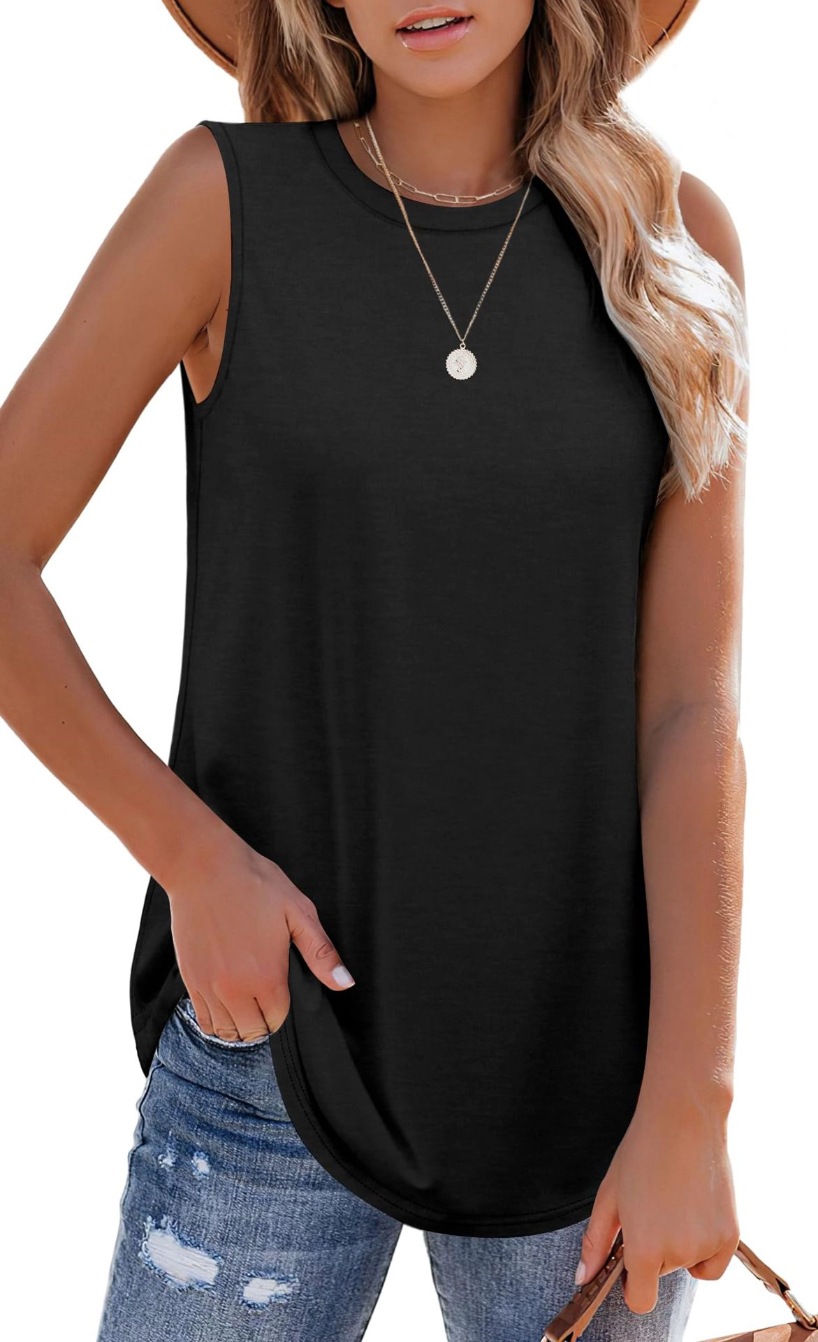 Enchanted Funland Womens Crew Neck Sleeveless Curved Hem Casual Tank Tops