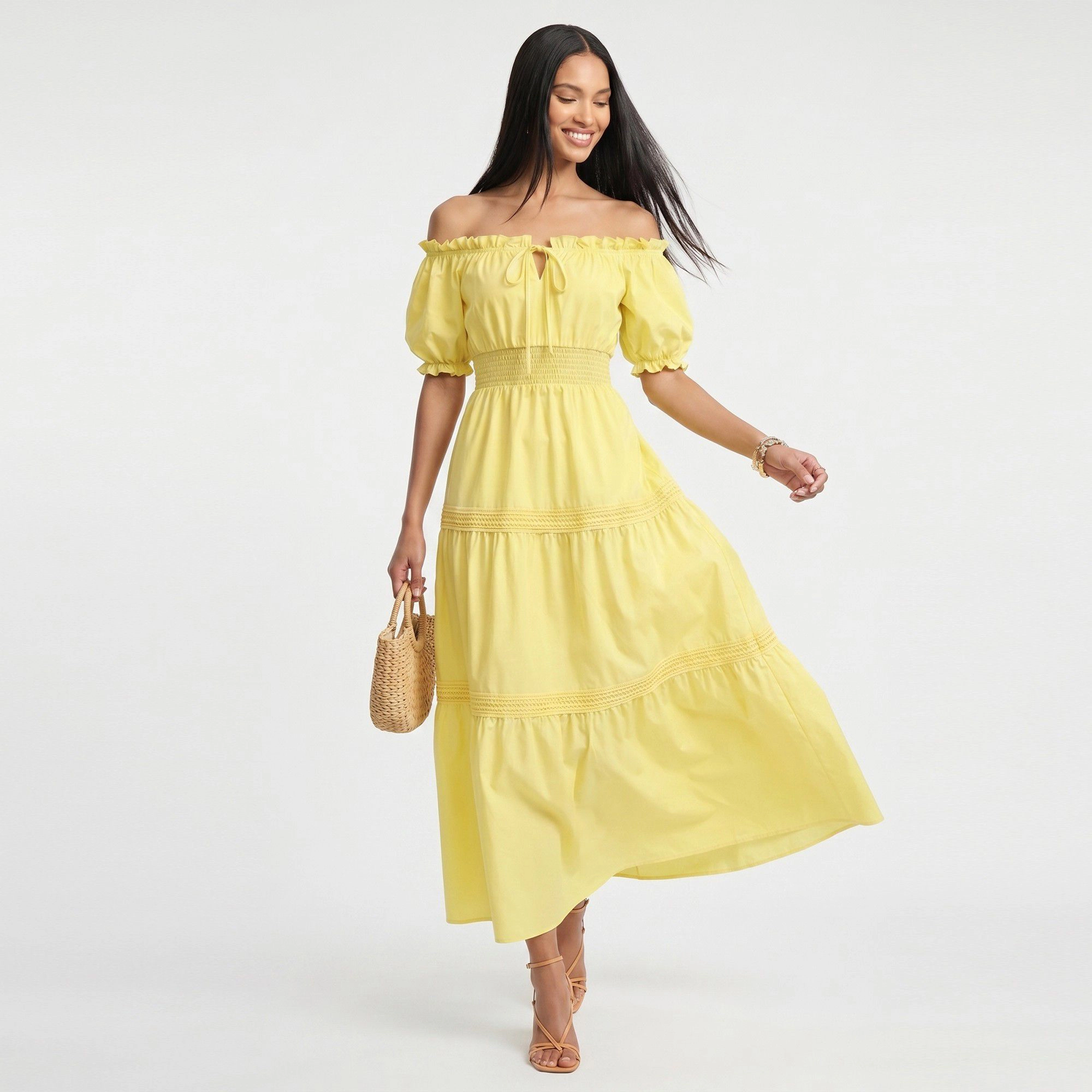 Anna-Kaci Women's Off Shoulder Smocked Waist Tiered Skirt Maxi Dress