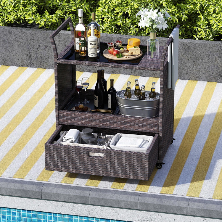 Hivvago Outdoor Wicker Bar Cart Table with Tempered Glass Top