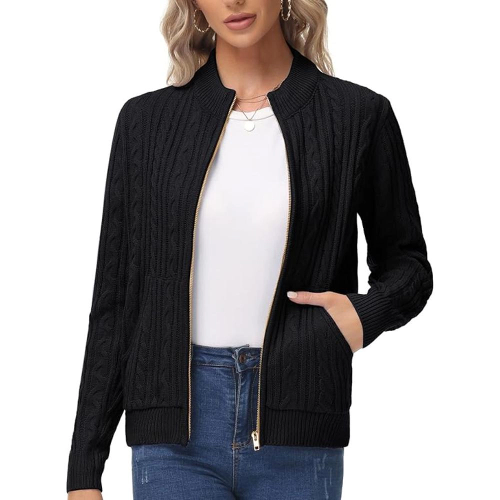 Urban Retreat Womens Black Cable Knit Zip Up Sweater