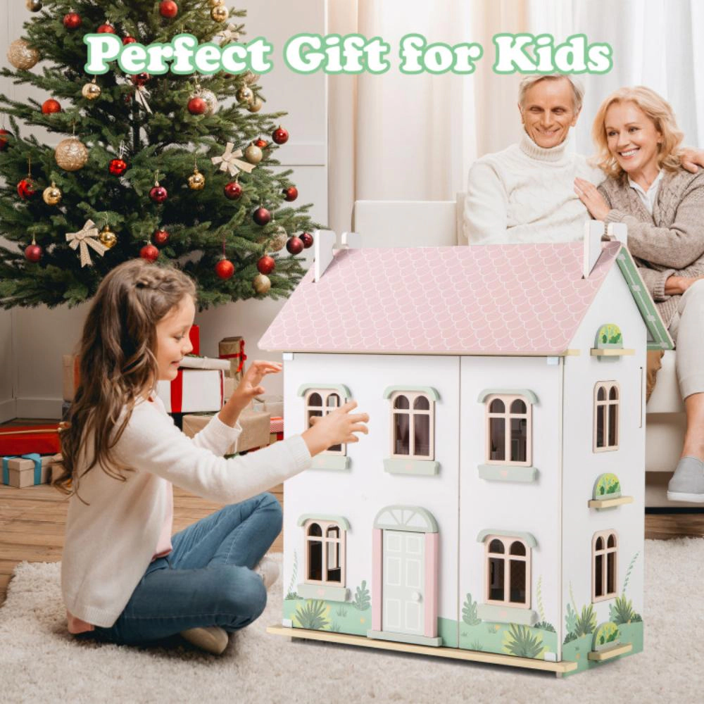 Hivvago Kids Wooden Dollhouse 3 Level with Double-Sided Roofs and Doors-Pink