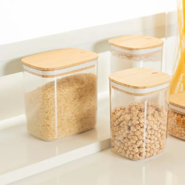 OU Airtight Food Storage Container 6.3cup, Clear Plastic w/ Leak Proof Bamboo Lid, Stackable Kitchen Pantry Organizer