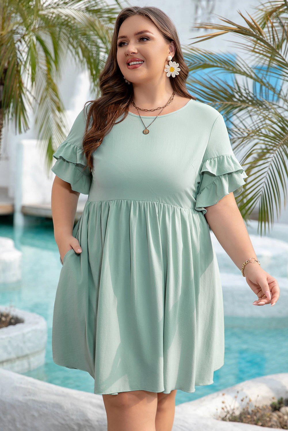 Threaded Pear Women's Gracie Plus Ruffle Trim Short Sleeve Dress