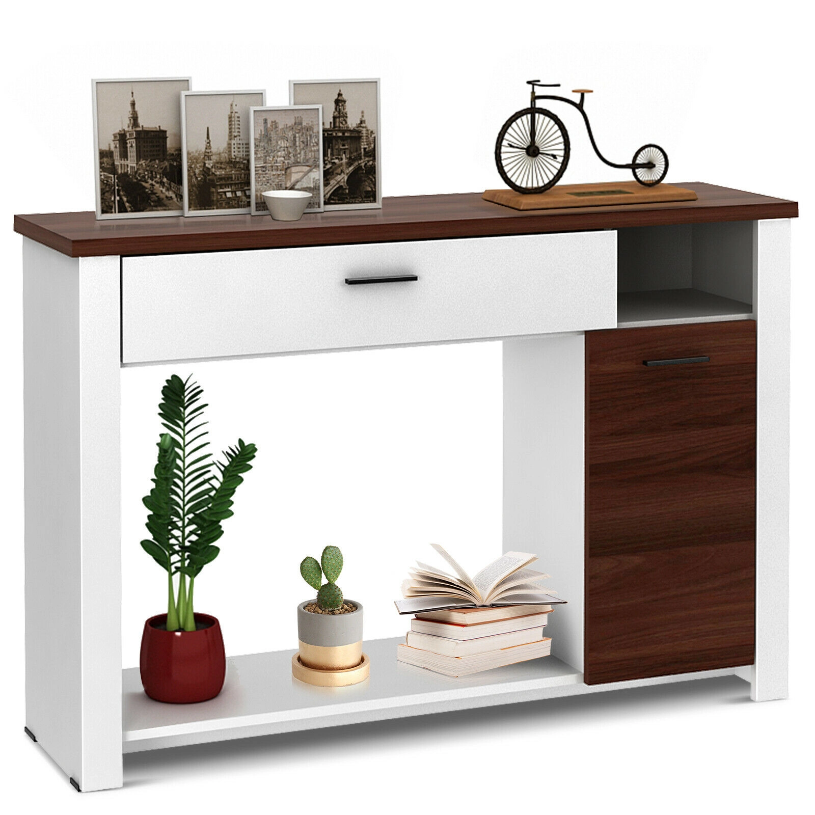 SUGIFT Drawer Cabinet 5-Position Shelf Walnut Top Entryway Console Table 48-in x 12-in x 31.5-in 77-lb Capacity White