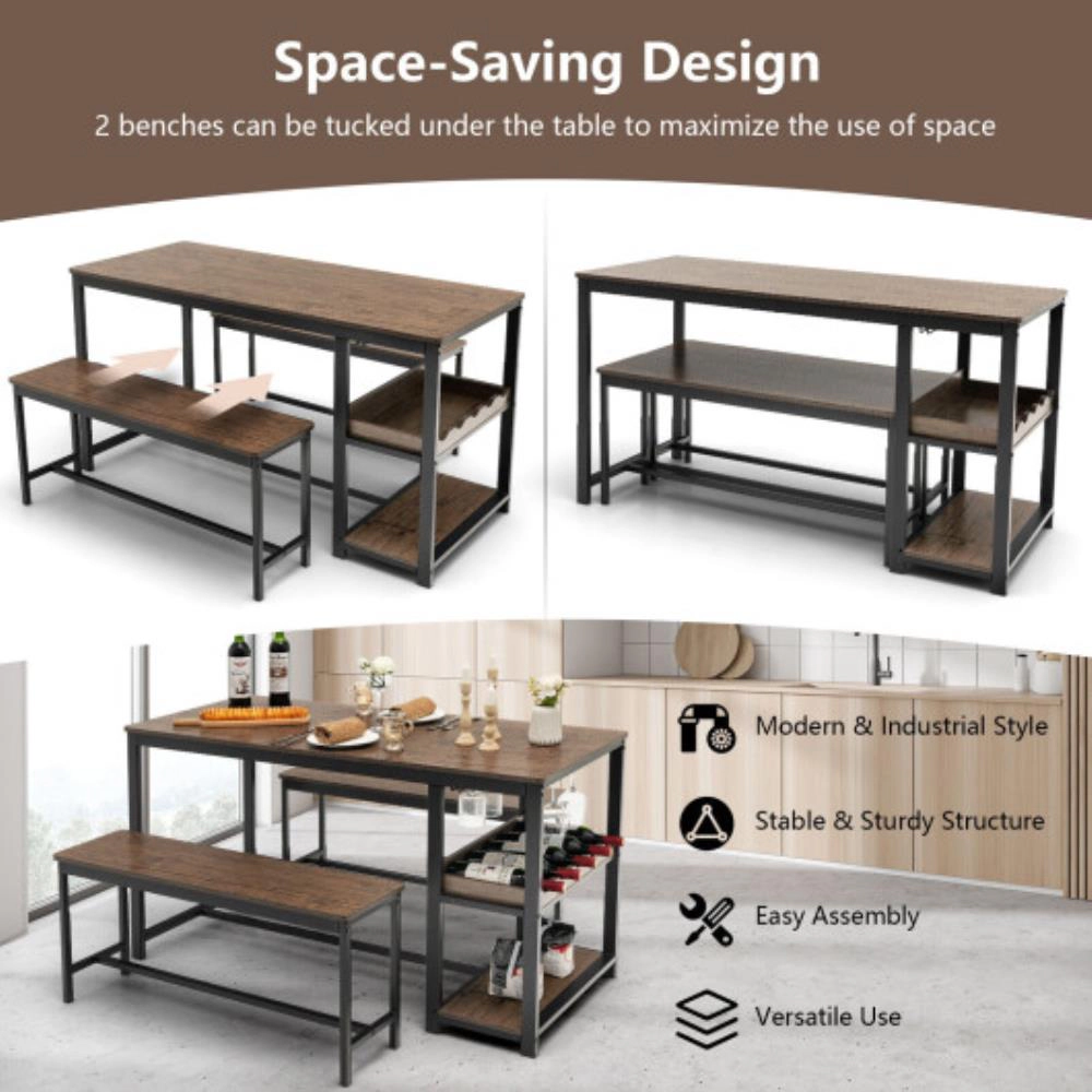 Hivvago 3 Pieces Dining Table Set For 4 With Wine Rack-Brown