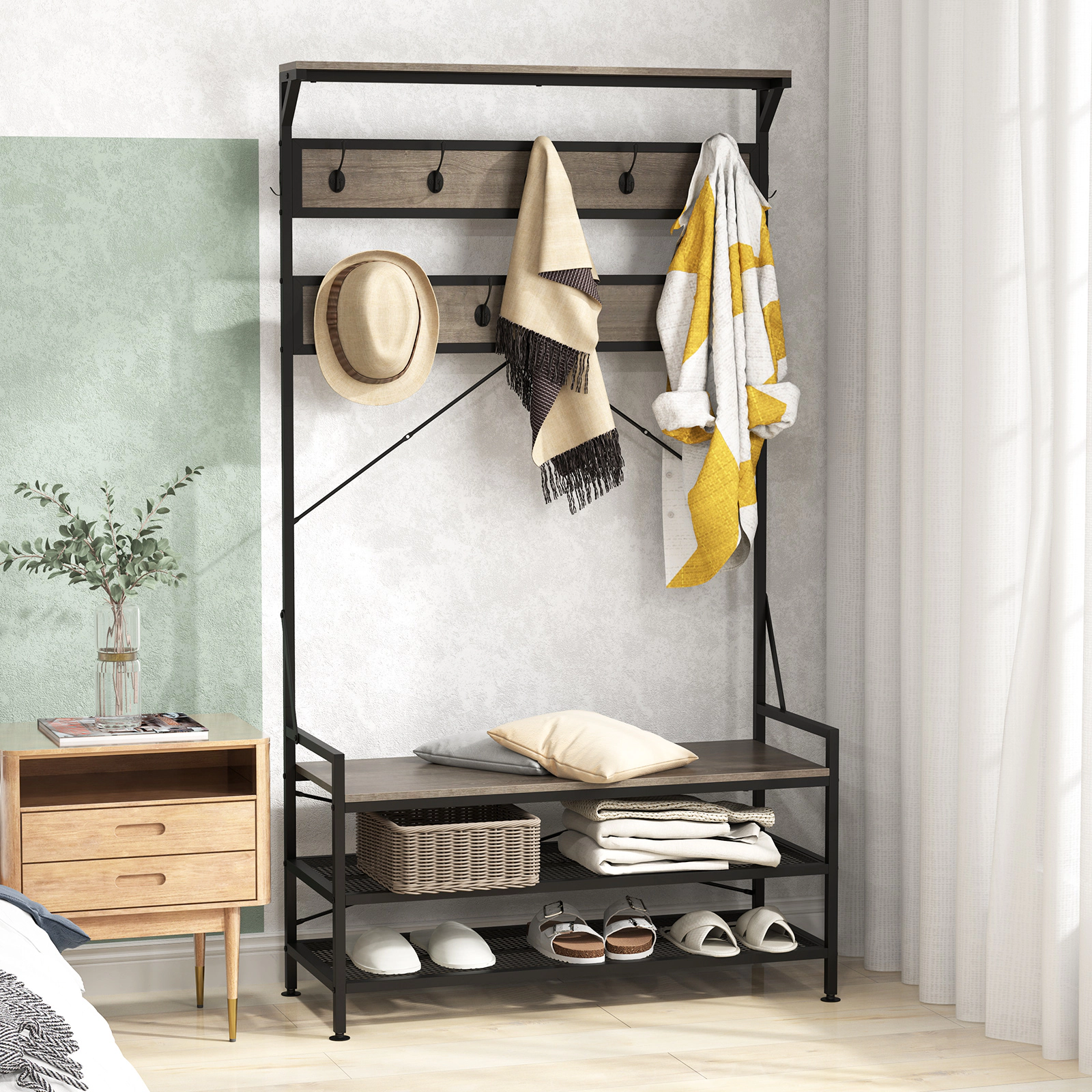 SUGIFT 4-in-1 Hall Tree Gray with 11 Hanging Hooks Shoe Bench and Metal Shelves