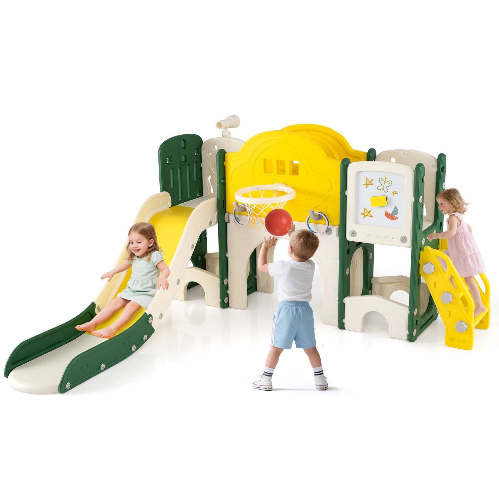 SUGIFT Yellow Whiteboard 10-in-1 Toddler Slide and Climber Playset Indoor Playground