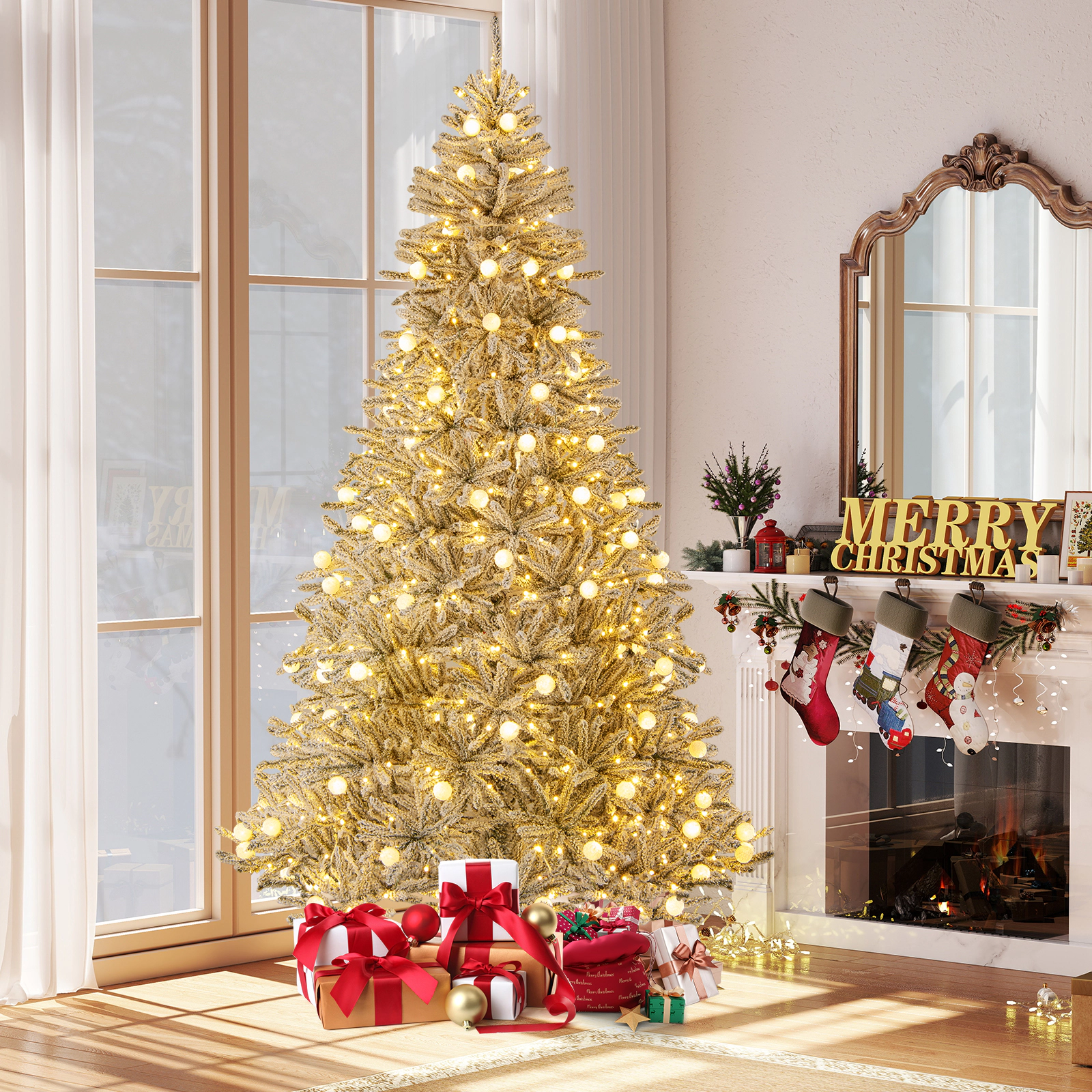 SUGIFT Snow-flocked Pre-lit Hinged 8-ft Artificial Christmas Tree with 450 LED and 81 Sphere Lights Green & White