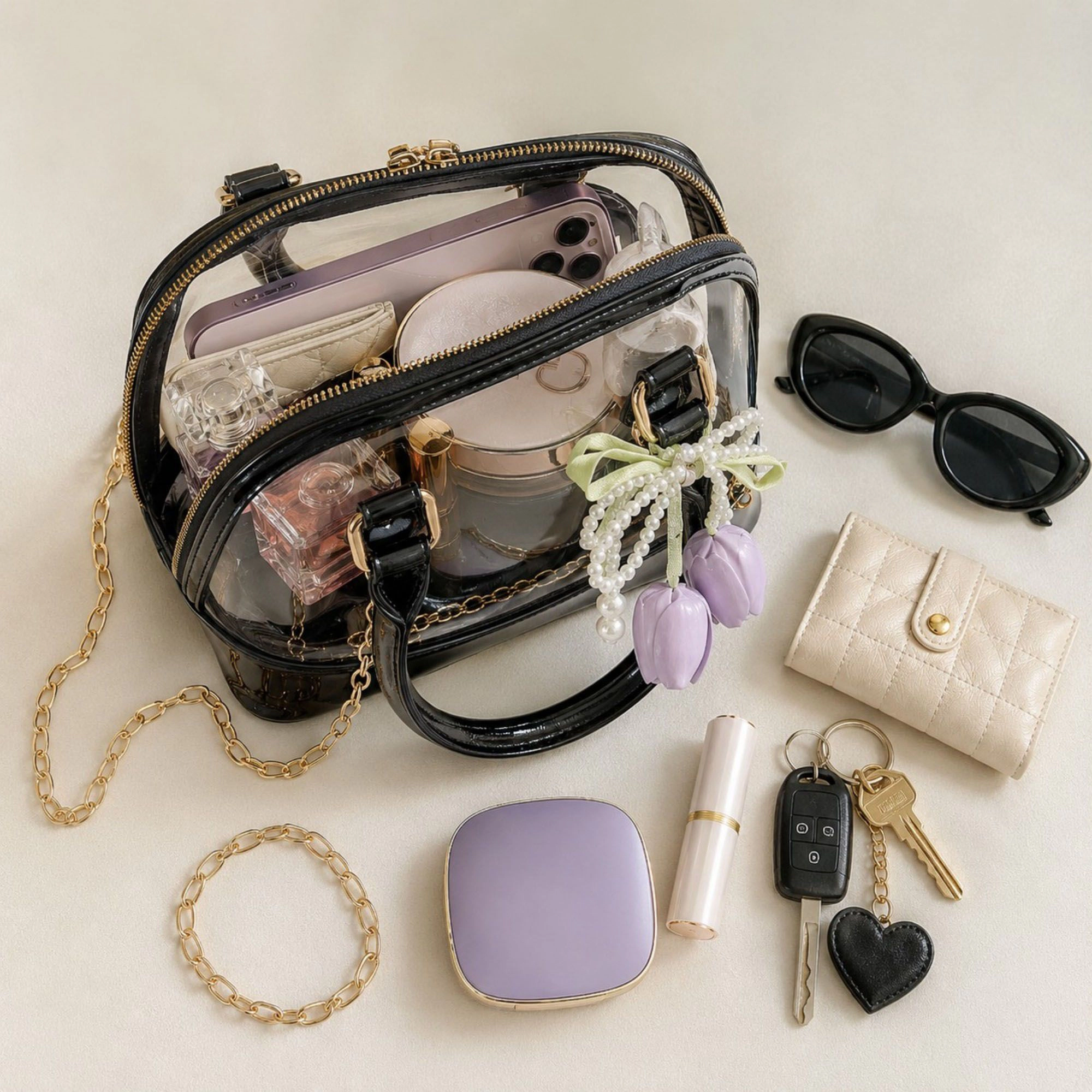 Alilang Women's Clear PVC Mini Satchel Bag with Chain Strap and Floral Pearl Charm